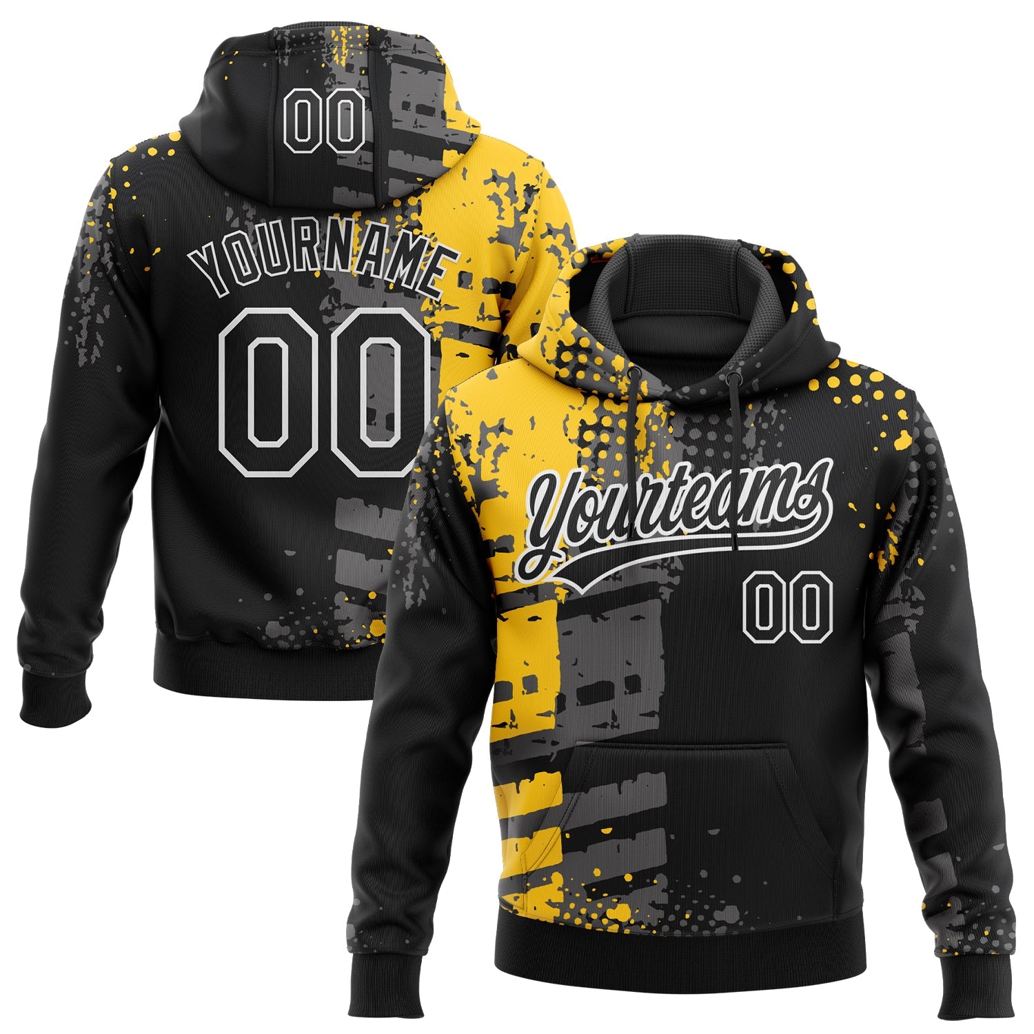Custom Stitched Black Yellow Gray-White 3D Pattern Design Splash Sports Pullover Sweatshirt Hoodie