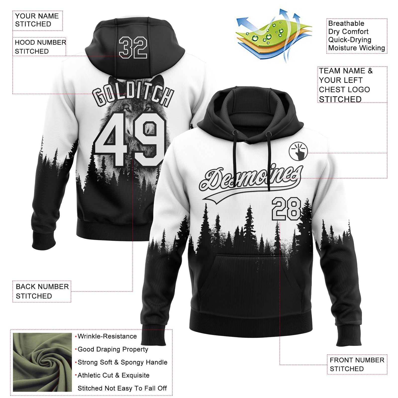 Custom Stitched White Black 3D Pattern Design Animal Wolf Sports Pullover Sweatshirt Hoodie