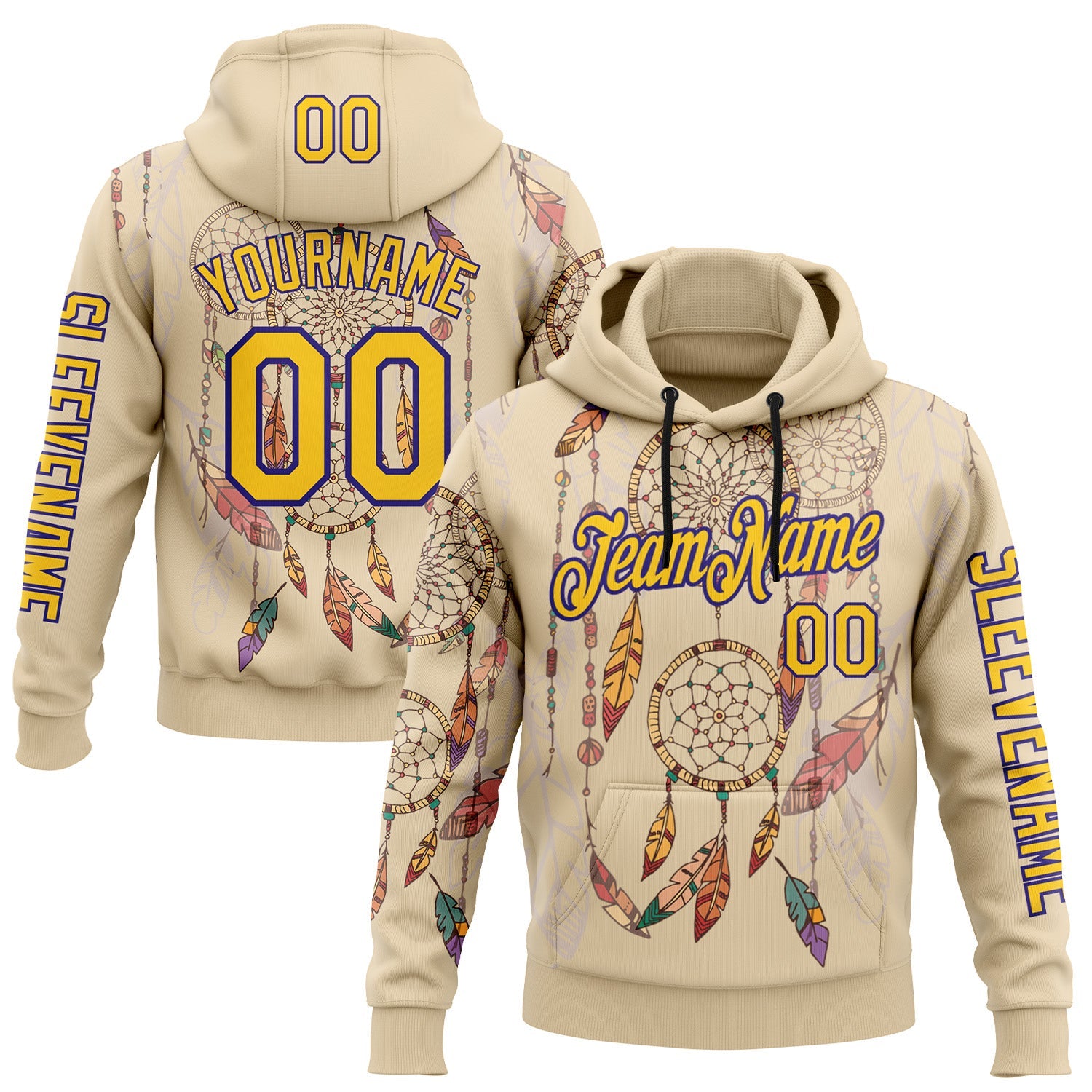 Custom City Cream Yellow-Dark Purple 3D Pattern Design Dreamcatcher Tribal Sportswear Pullover Sweatshirt Hoodie