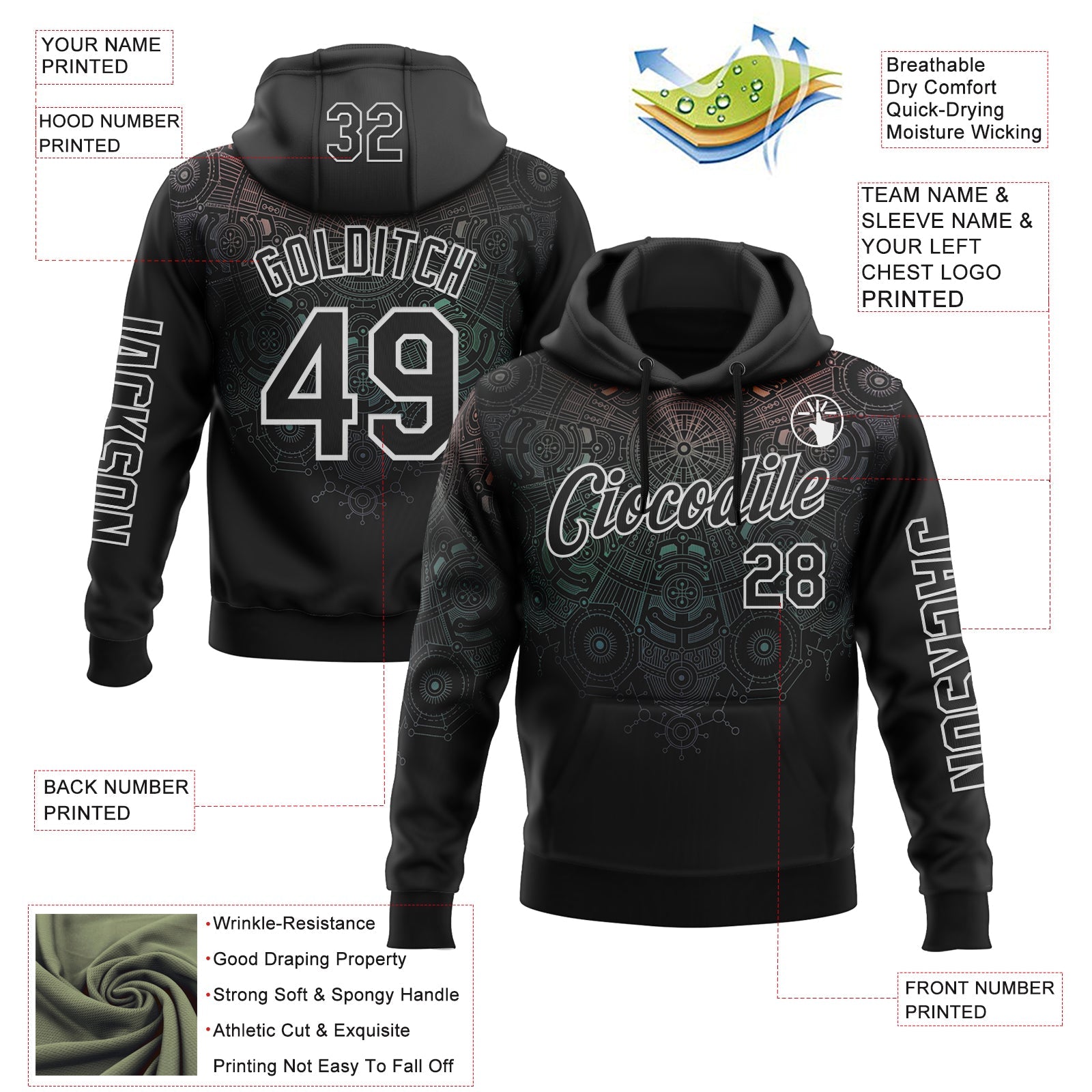 Custom Black White 3D Pattern Design Ethnic Tribal Sportswear Pullover Sweatshirt Hoodie