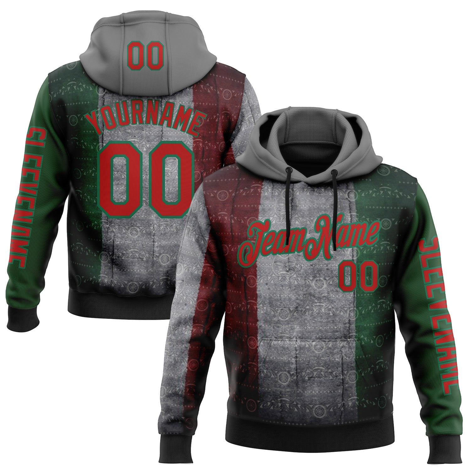 Custom Gray Red-Kelly Green 3D Pattern Design Meixican Tribal Sportswear Pullover Sweatshirt Hoodie