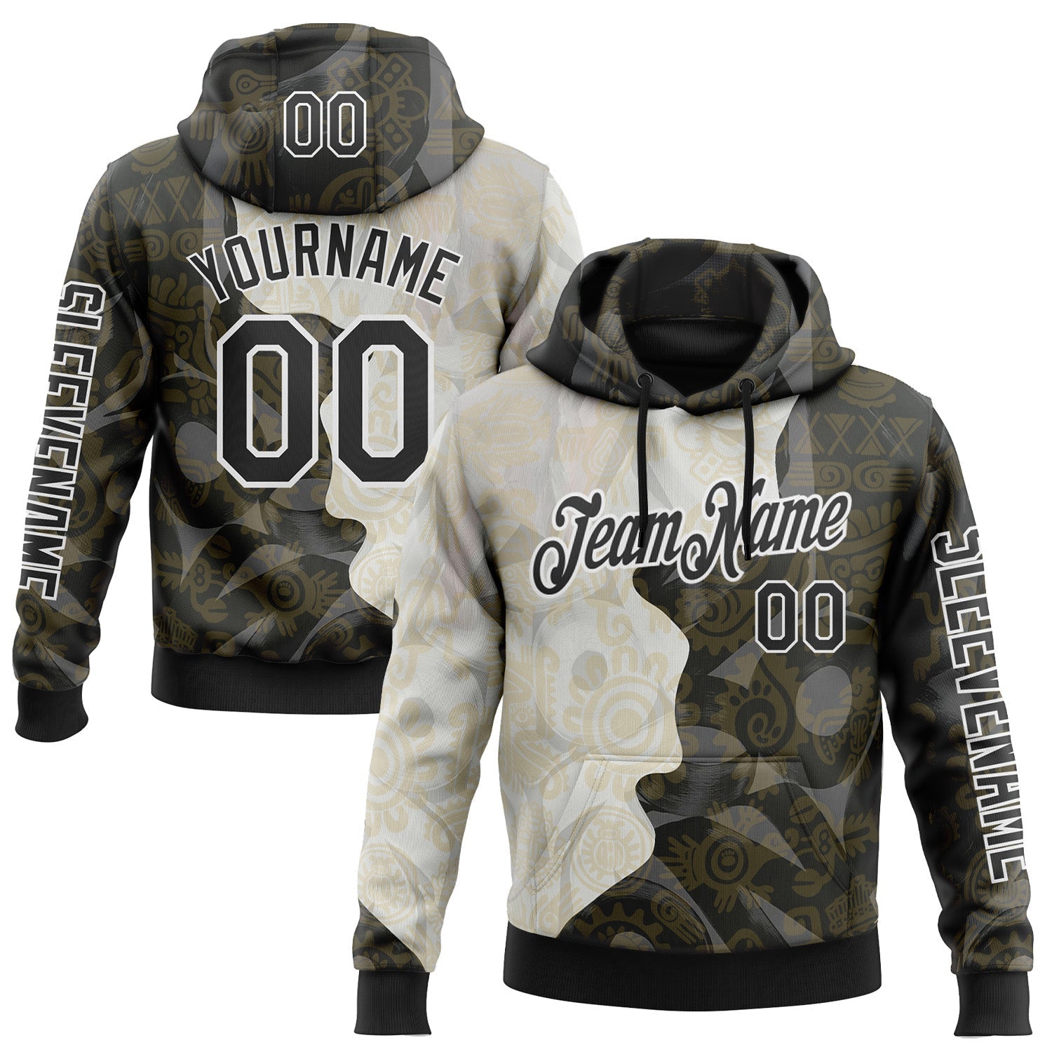 Custom Black Cream-White 3D Pattern Design Ethnic Tribal Sportswear Pullover Sweatshirt Hoodie