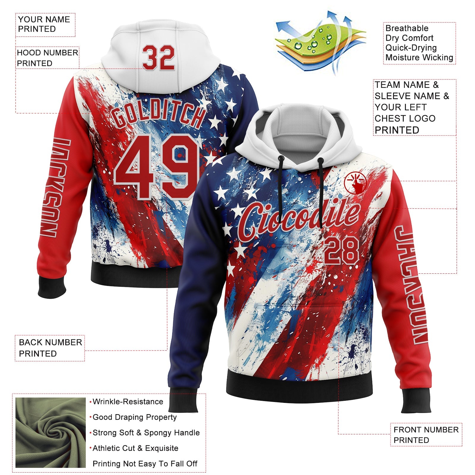 Custom Red Blue Black-White 3D American Flag Sports Pullover Sweatshirt Hoodie