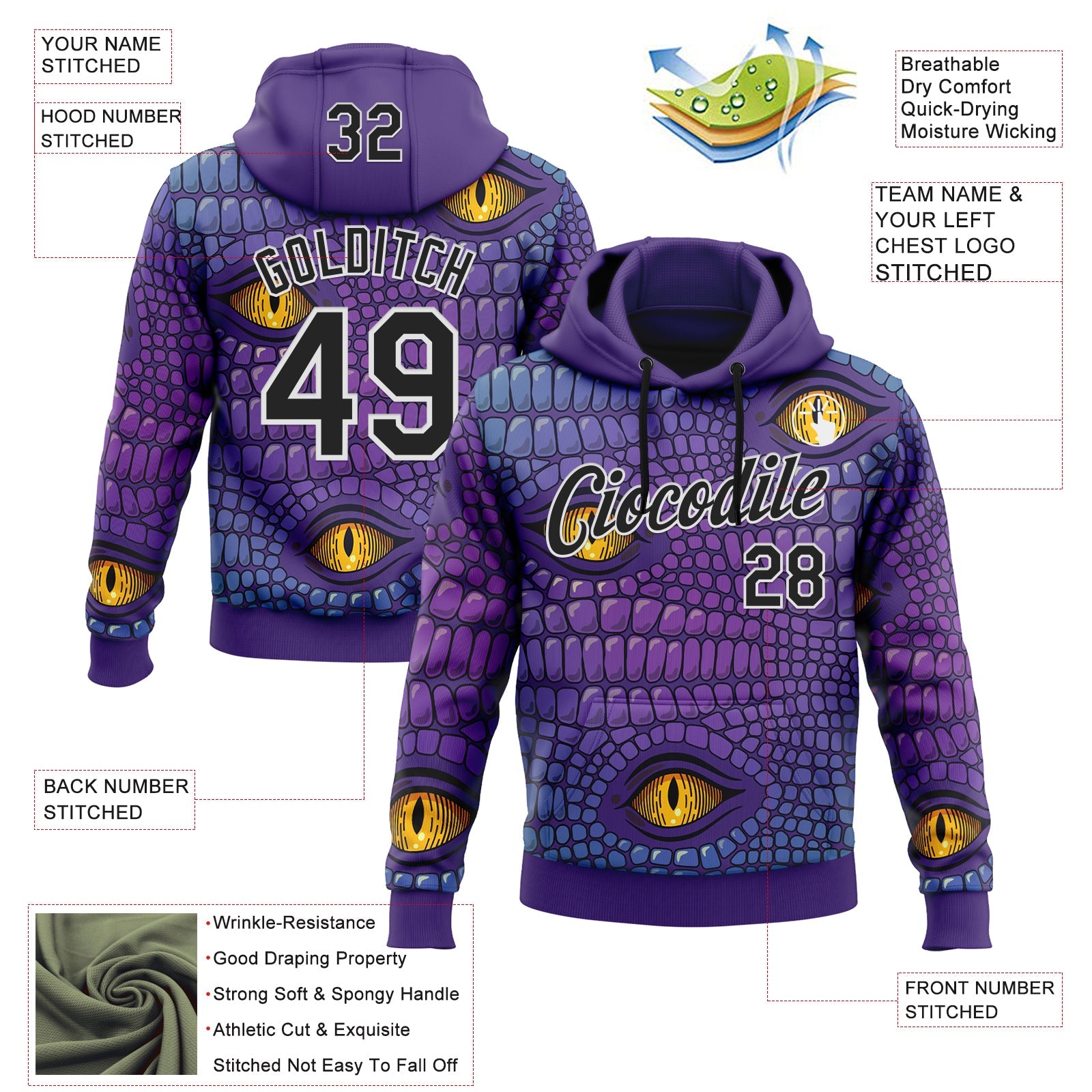 Custom Stitched Purple Black-White 3D Pattern Design Crocodile Skin Print Sportswear Pullover Sweatshirt Hoodie