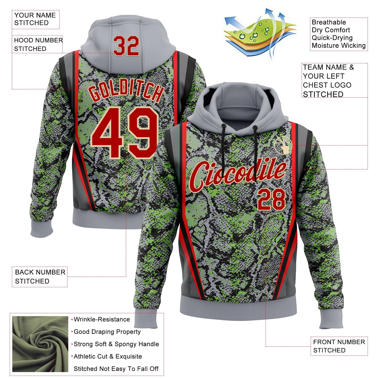 Custom Stitched Gray Red Green Black-Cream 3D Pattern Design Snake Skin Print Sportswear Pullover Sweatshirt Hoodie
