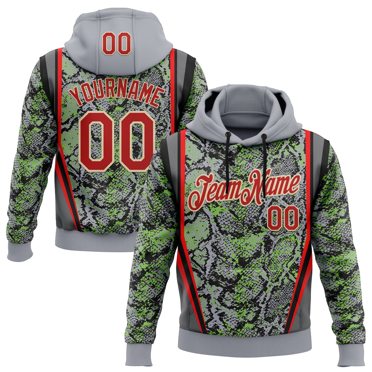 Custom Stitched Gray Red Green Black-Cream 3D Pattern Design Snake Skin Print Sportswear Pullover Sweatshirt Hoodie