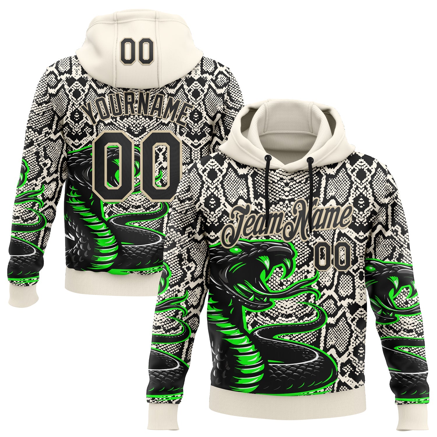 Custom Stitched Cream Black-Green 3D Pattern Design Snake Skin Print Sportswear Pullover Sweatshirt Hoodie