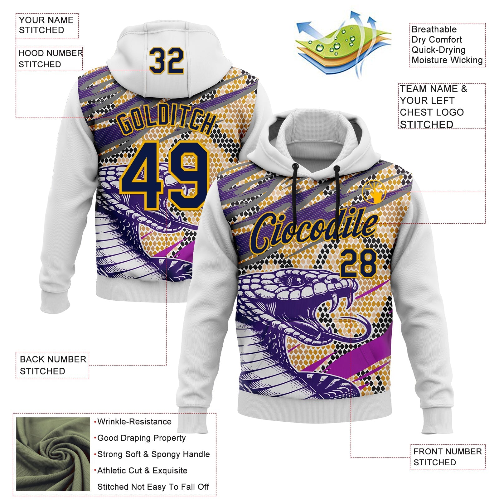 Custom Stitched White Navy Purple Black-Gold 3D Pattern Design Snake Skin Print Sportswear Pullover Sweatshirt Hoodie