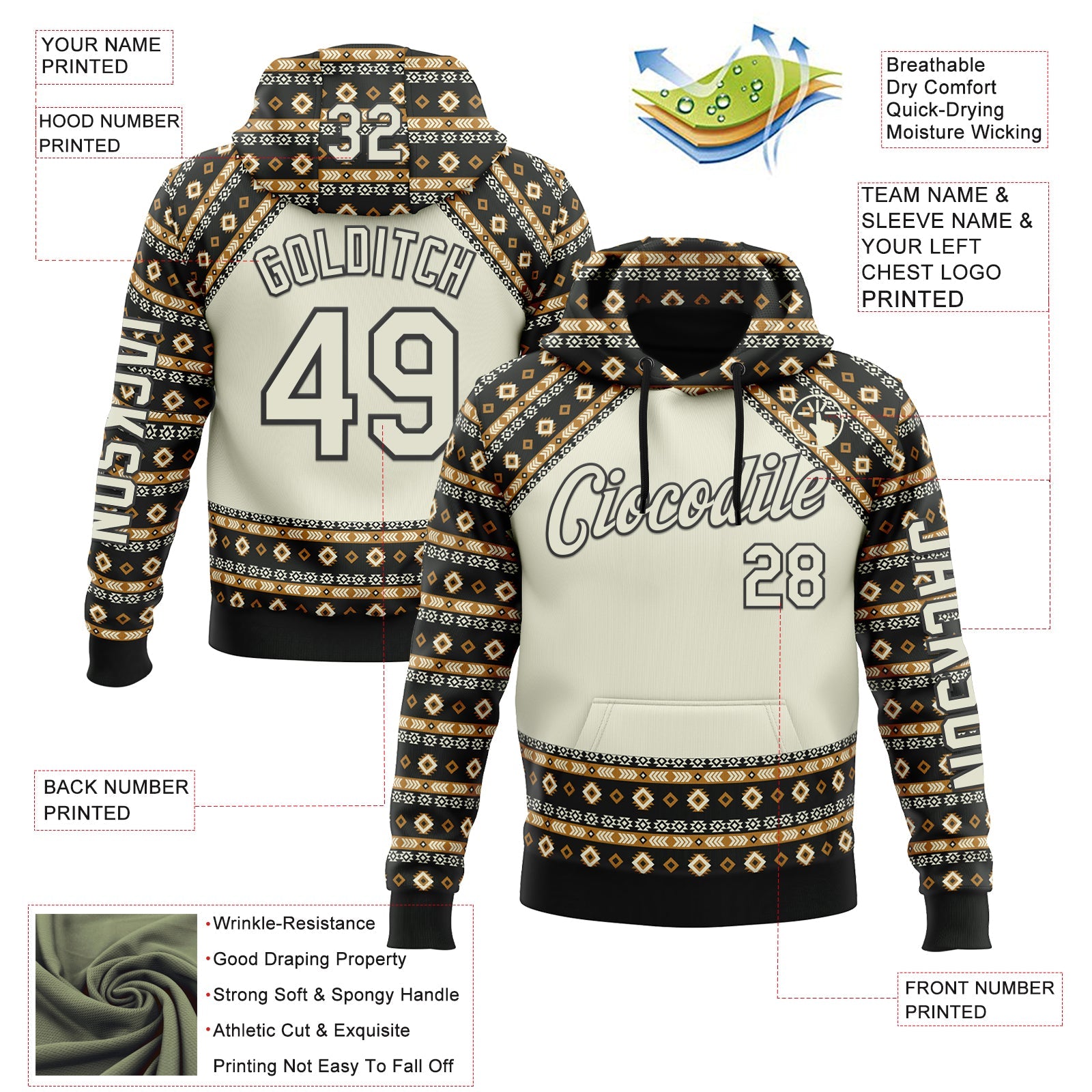 Custom City Cream Black 3D Pattern Design Western Cowboy Tribal Ethnic Sports Pullover Sweatshirt Hoodie