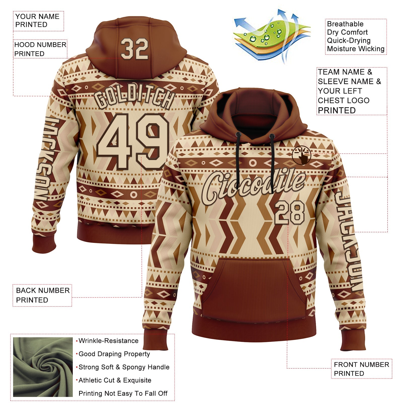 Custom City Cream Brown 3D Pattern Design Western Cowboy Tribal Ethnic Sports Pullover Sweatshirt Hoodie