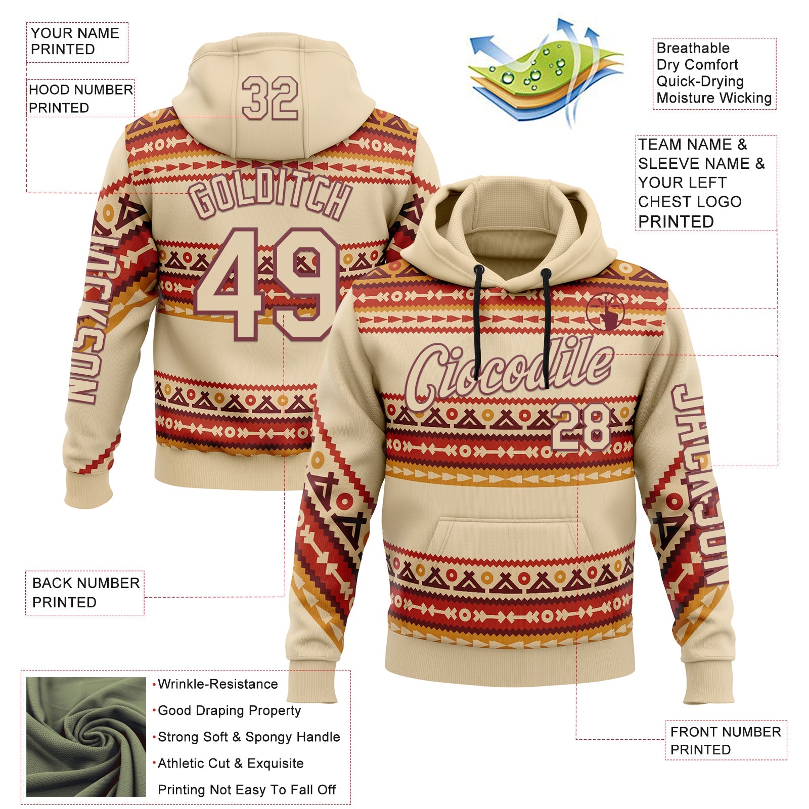 Custom City Cream Burgundy 3D Pattern Design Western Cowboy Tribal Ethnic Sports Pullover Sweatshirt Hoodie