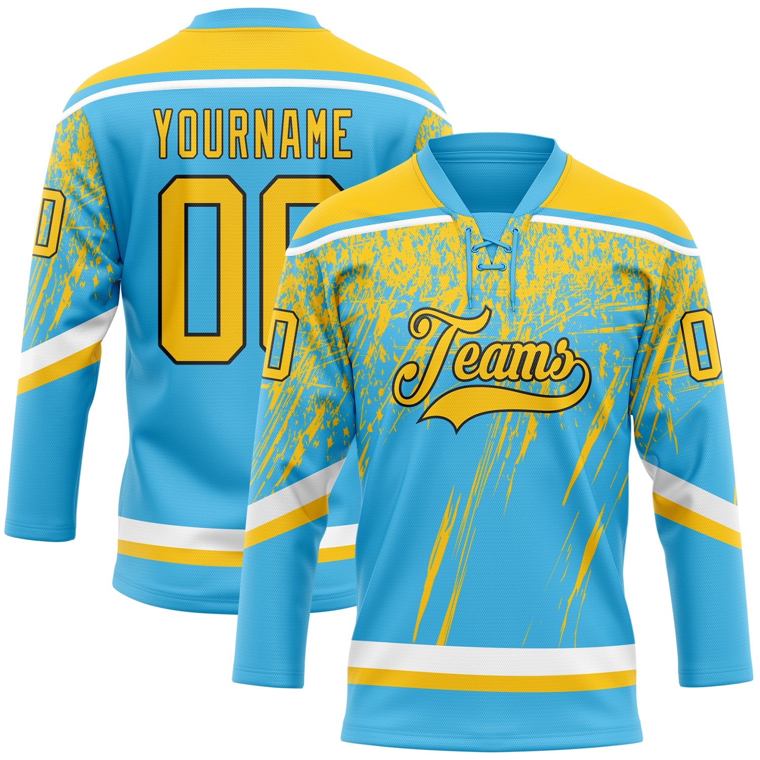 Custom Sky Blue Yellow Black-White 3D Splash Hockey Lace Neck Jersey