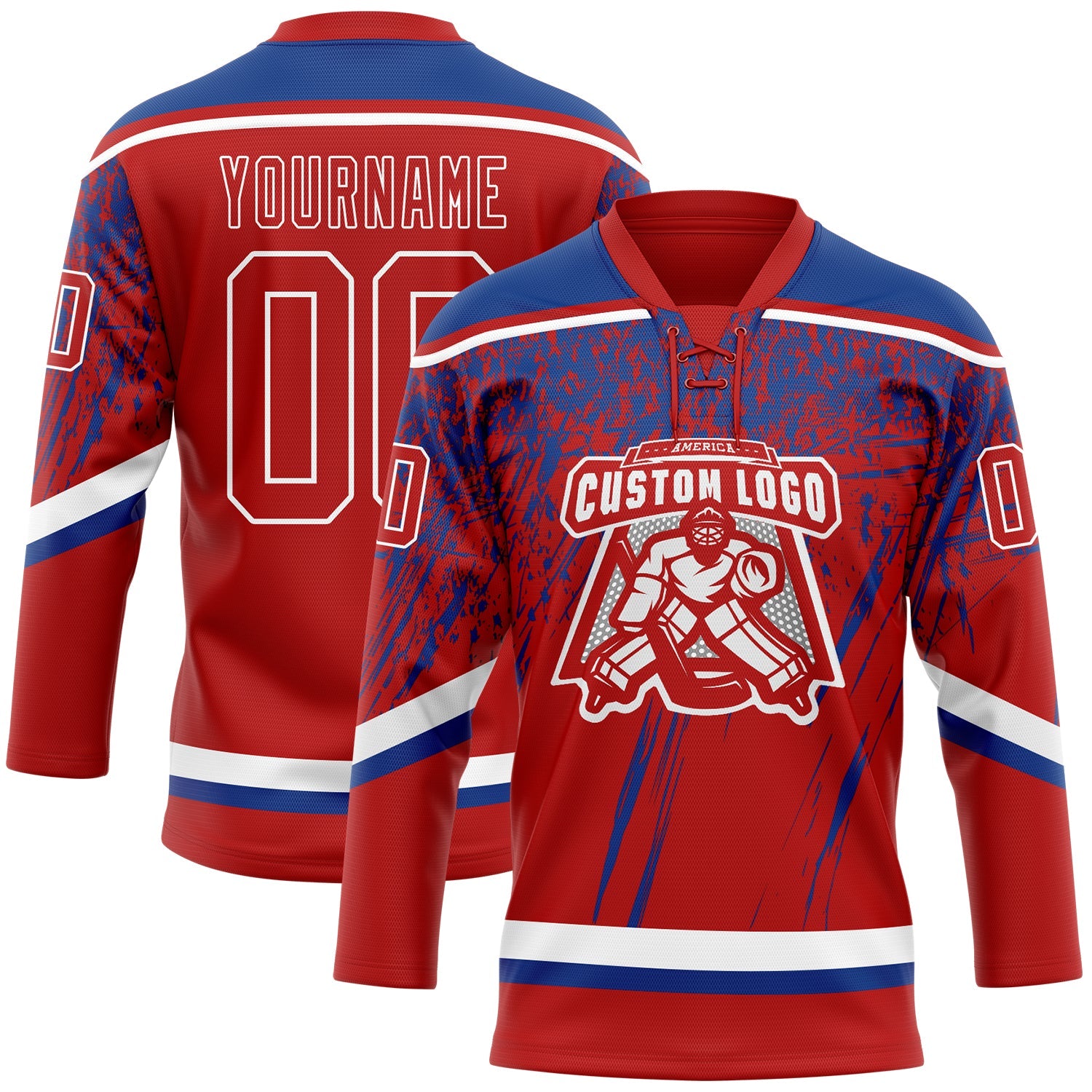 Custom Red Royal-White 3D Splash Hockey Lace Neck Jersey