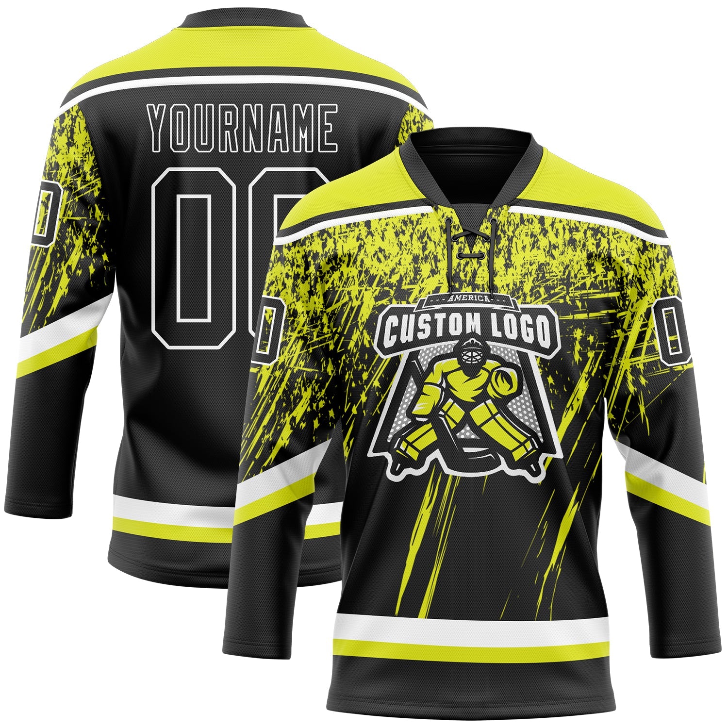Custom Black Neon Yellow-White 3D Splash Hockey Lace Neck Jersey
