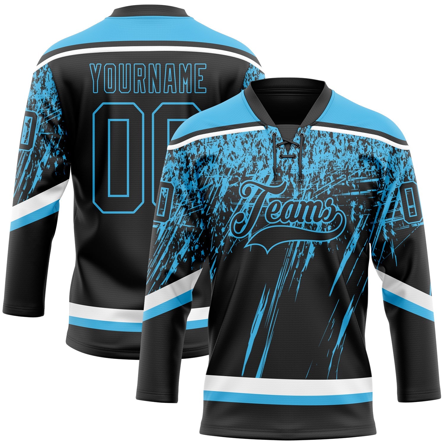 Custom Black Sky Blue-White 3D Splash Hockey Lace Neck Jersey