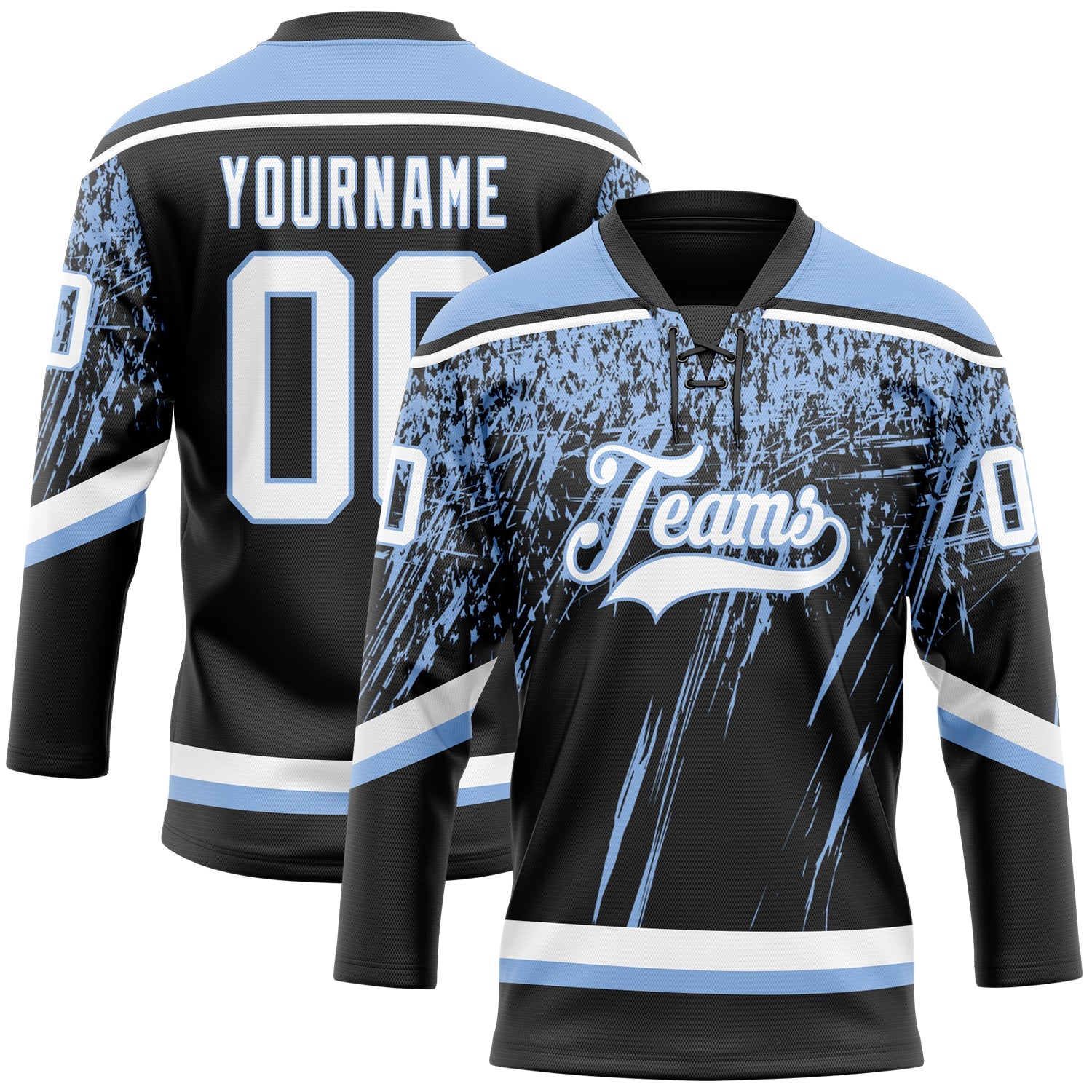 Custom Black White-Light Blue 3D Splash Hockey Lace Neck Jersey