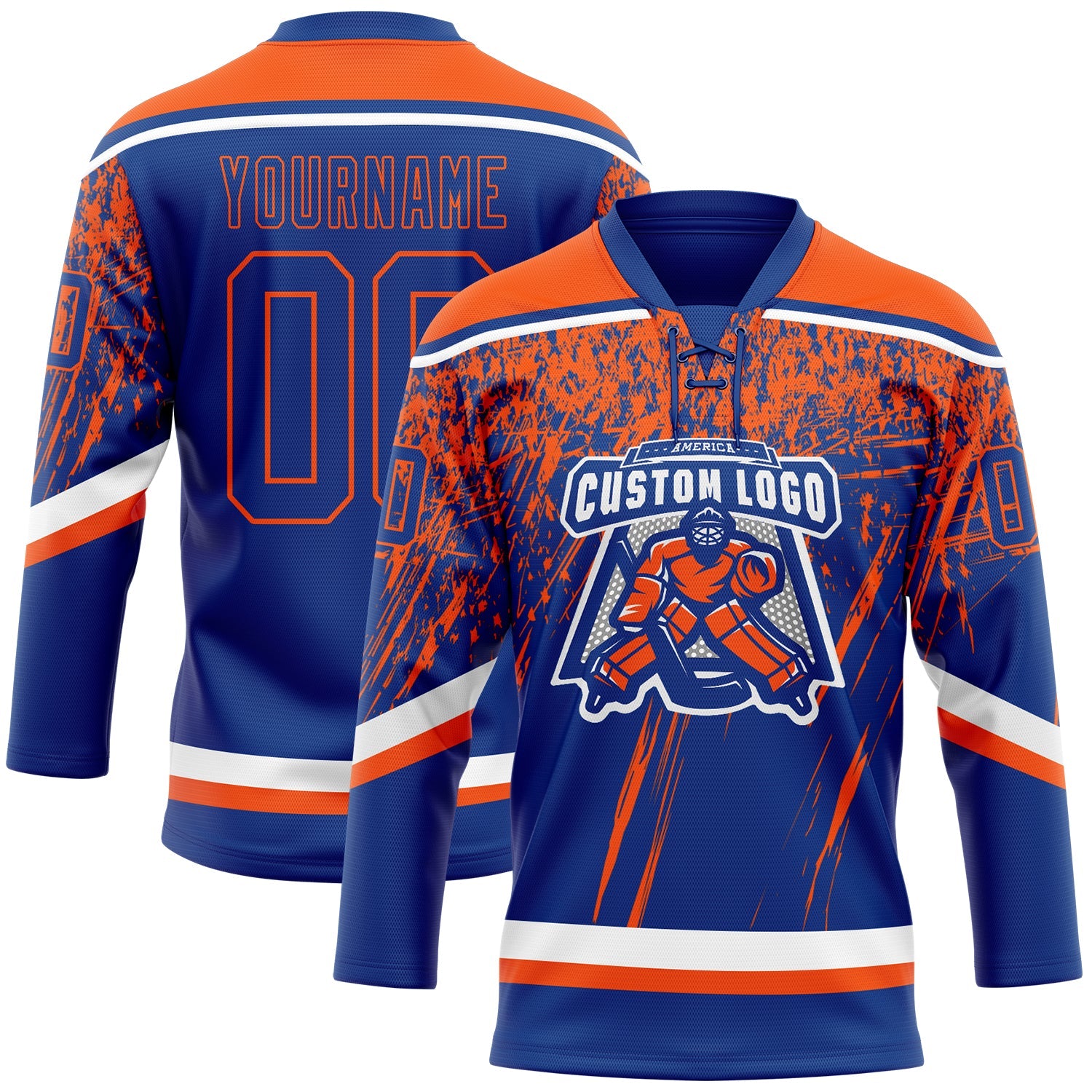 Custom Royal Orange-White 3D Splash Hockey Lace Neck Jersey