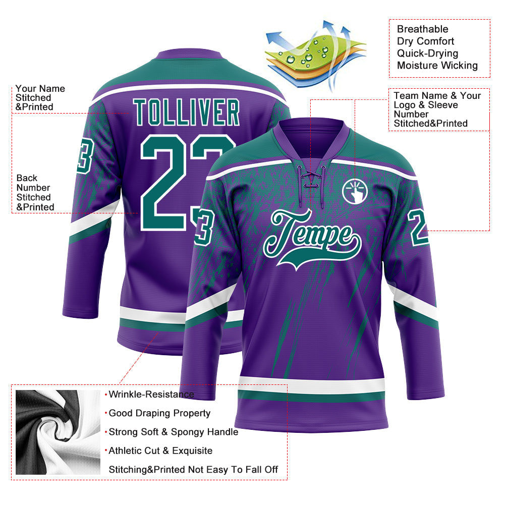 Custom Purple Teal-White 3D Splash Hockey Lace Neck Jersey