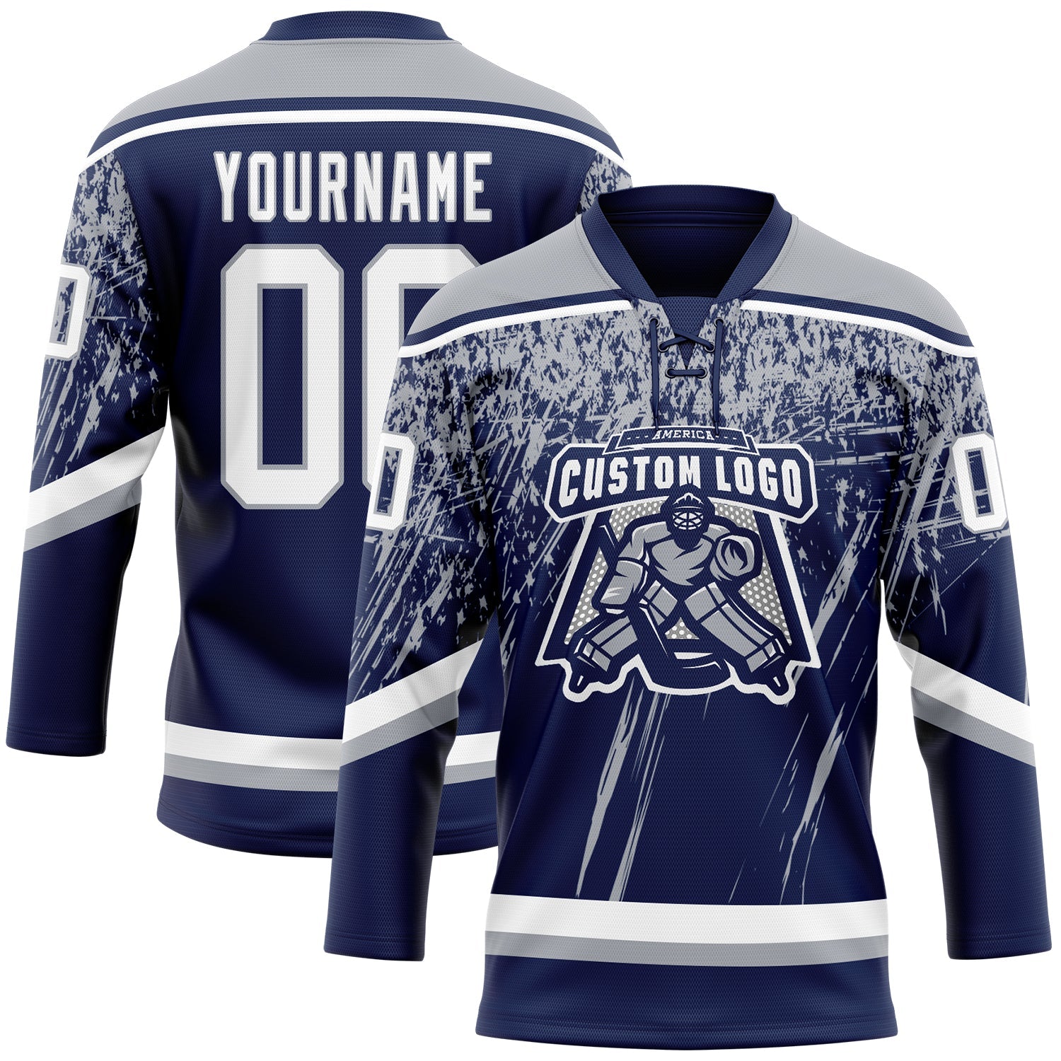 Custom Navy White-Gray 3D Splash Hockey Lace Neck Jersey