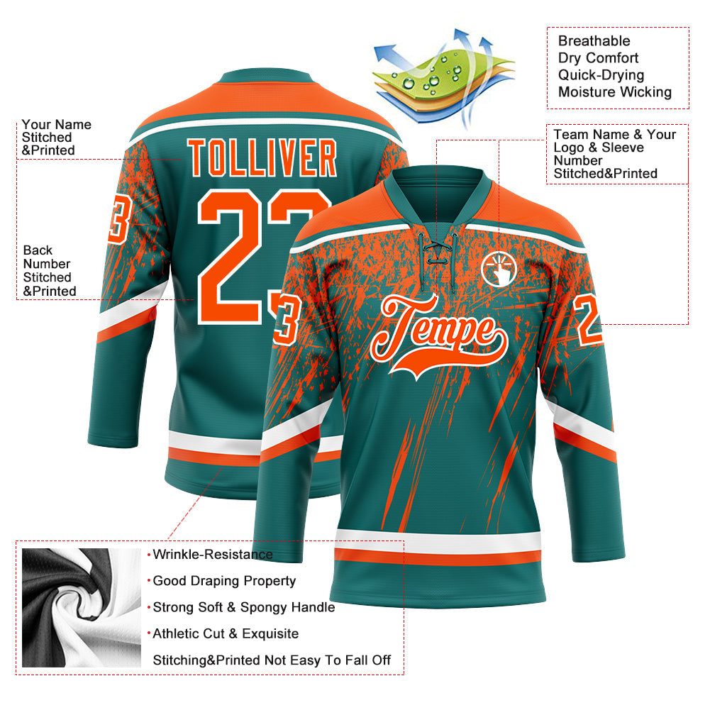 Custom Teal Orange-White 3D Splash Hockey Lace Neck Jersey