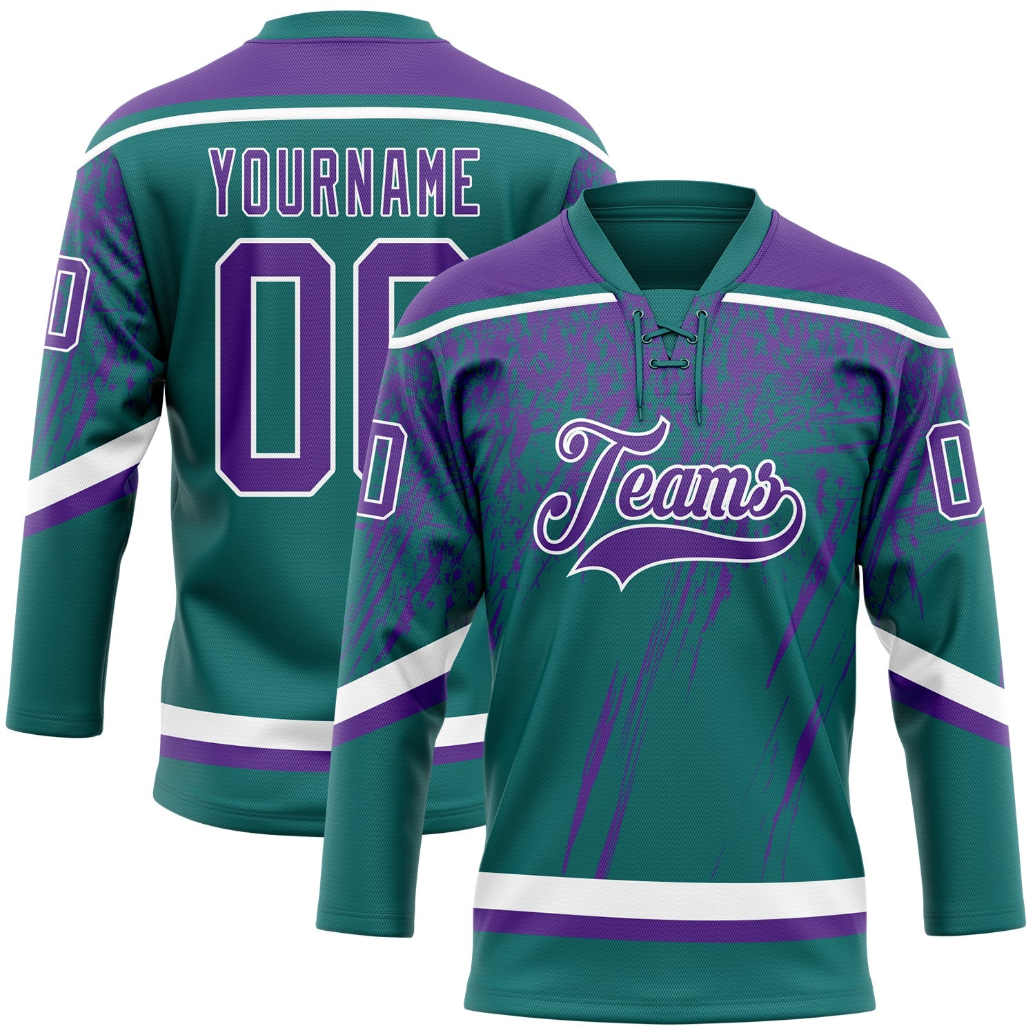 Custom Teal Purple-White 3D Splash Hockey Lace Neck Jersey