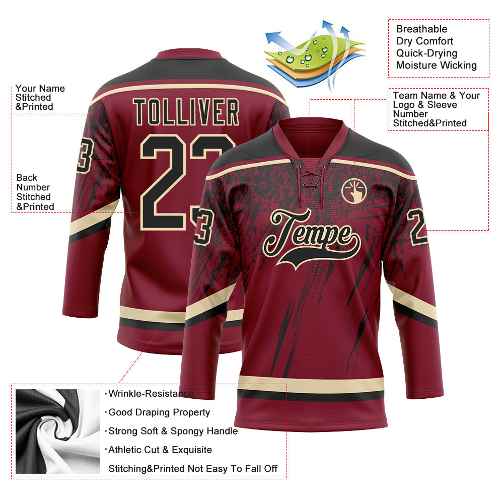 Custom Crimson Black-Cream 3D Splash Hockey Lace Neck Jersey