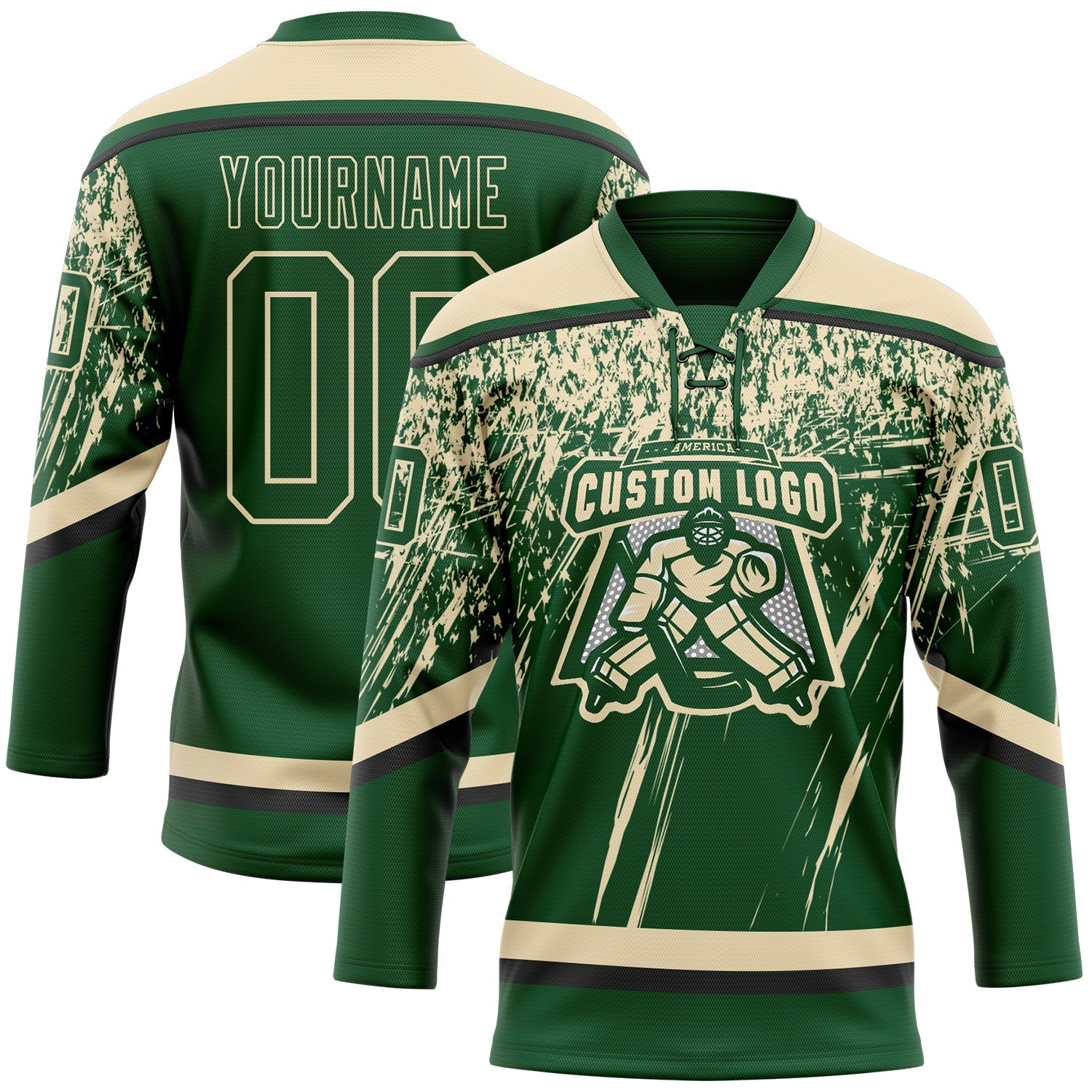 Custom Green Cream-Black 3D Splash Hockey Lace Neck Jersey