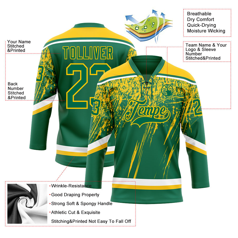 Custom Kelly Green Yellow-White 3D Splash Hockey Lace Neck Jersey