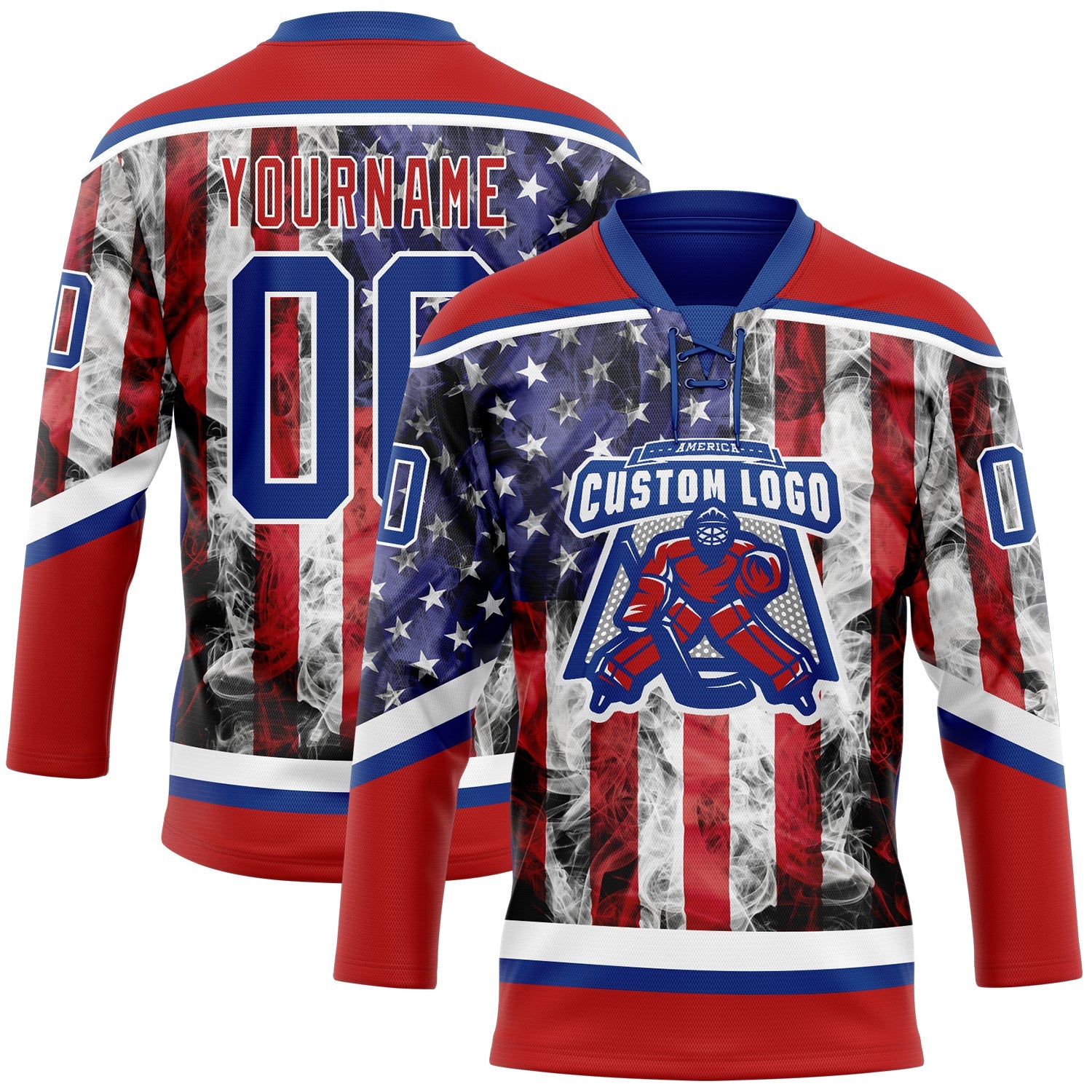 Custom Red Royal-White 3D American Flag Hockey Lace Neck Jersey
