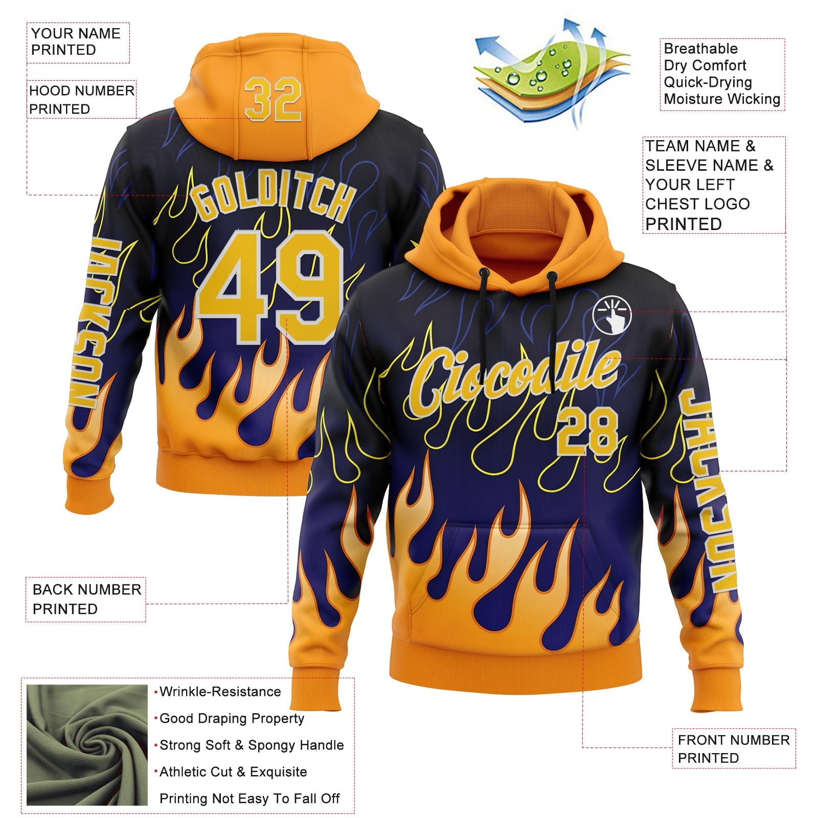 Custom Blue Yellow-White 3D Abstract Flame Sports Pullover Sweatshirt Hoodie