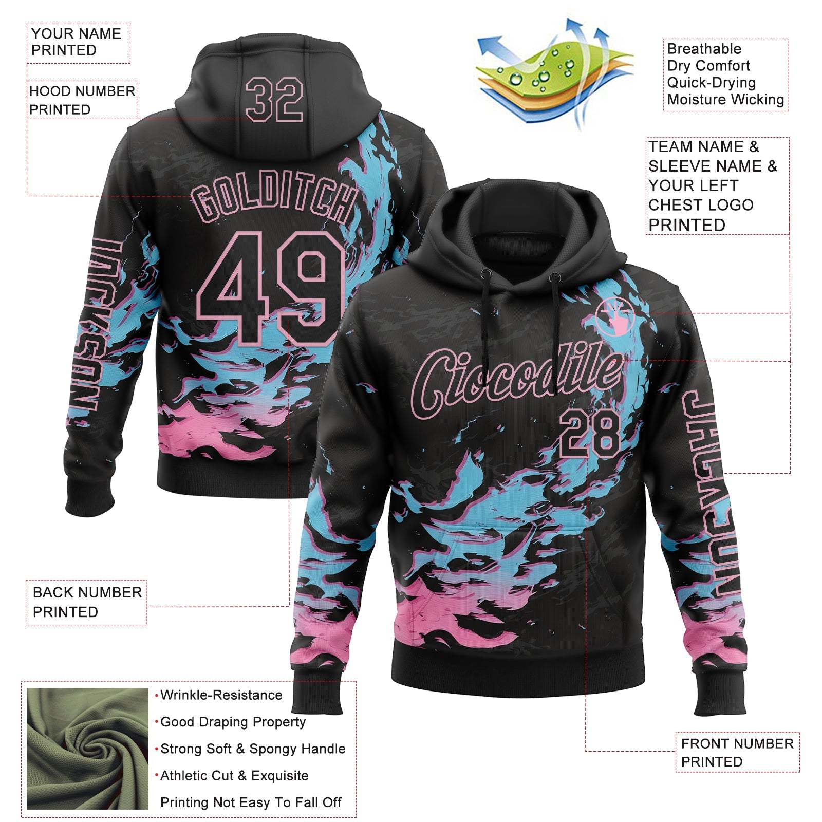 Custom Black Blue-Light Pink 3D Abstract Flame Sports Pullover Sweatshirt Hoodie