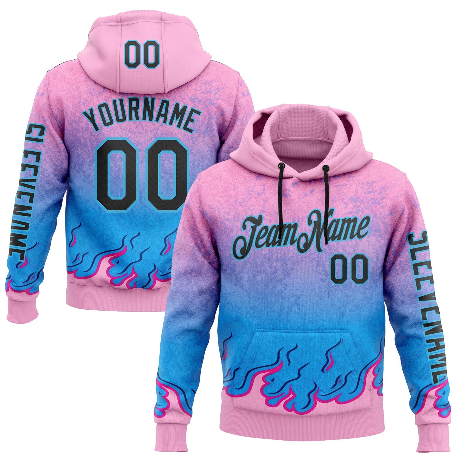 Custom Pink Black-Sky Blue 3D Abstract Flame Sports Pullover Sweatshirt Hoodie