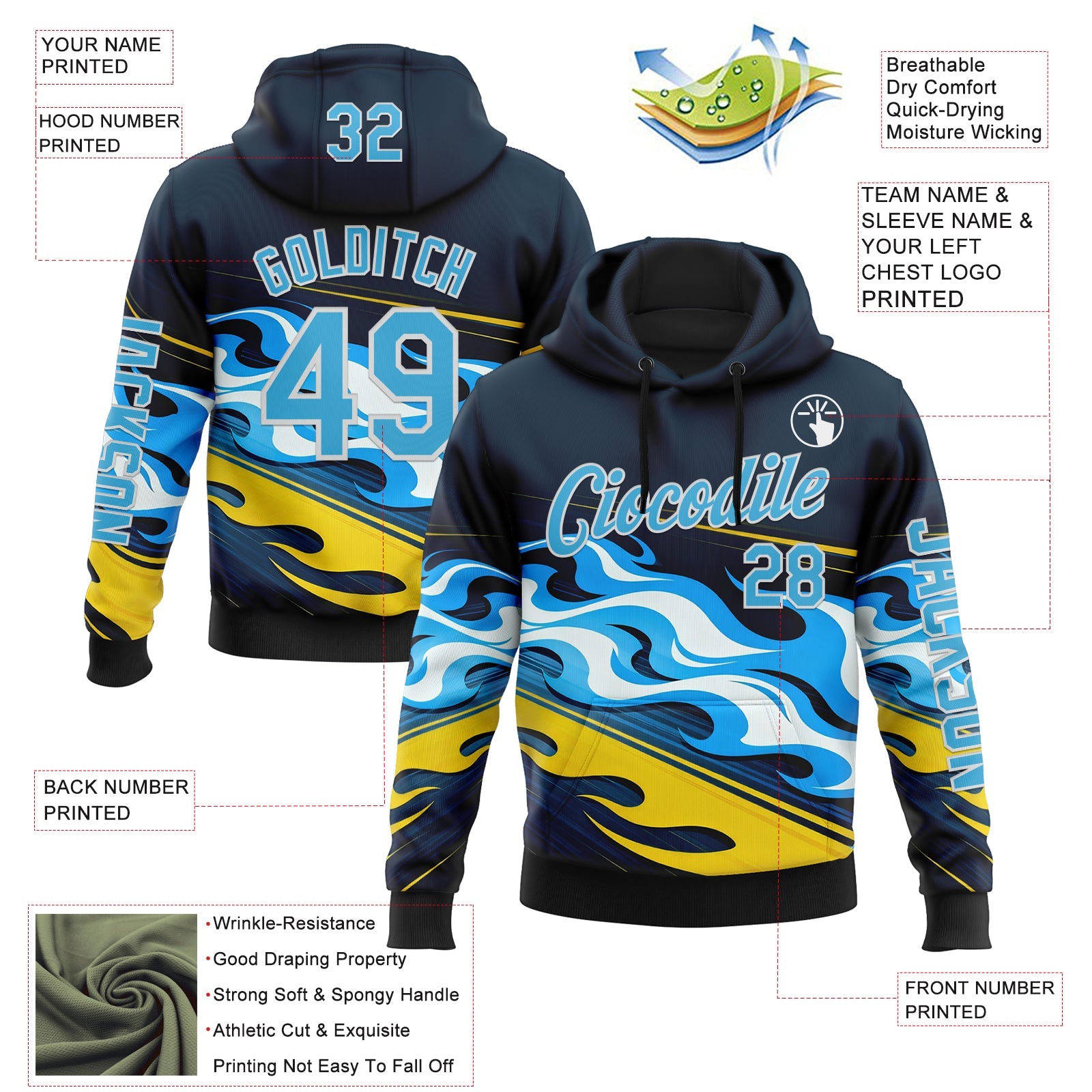 Custom Navy Sky Blue Yellow Black-White 3D Abstract Flame Sports Pullover Sweatshirt Hoodie
