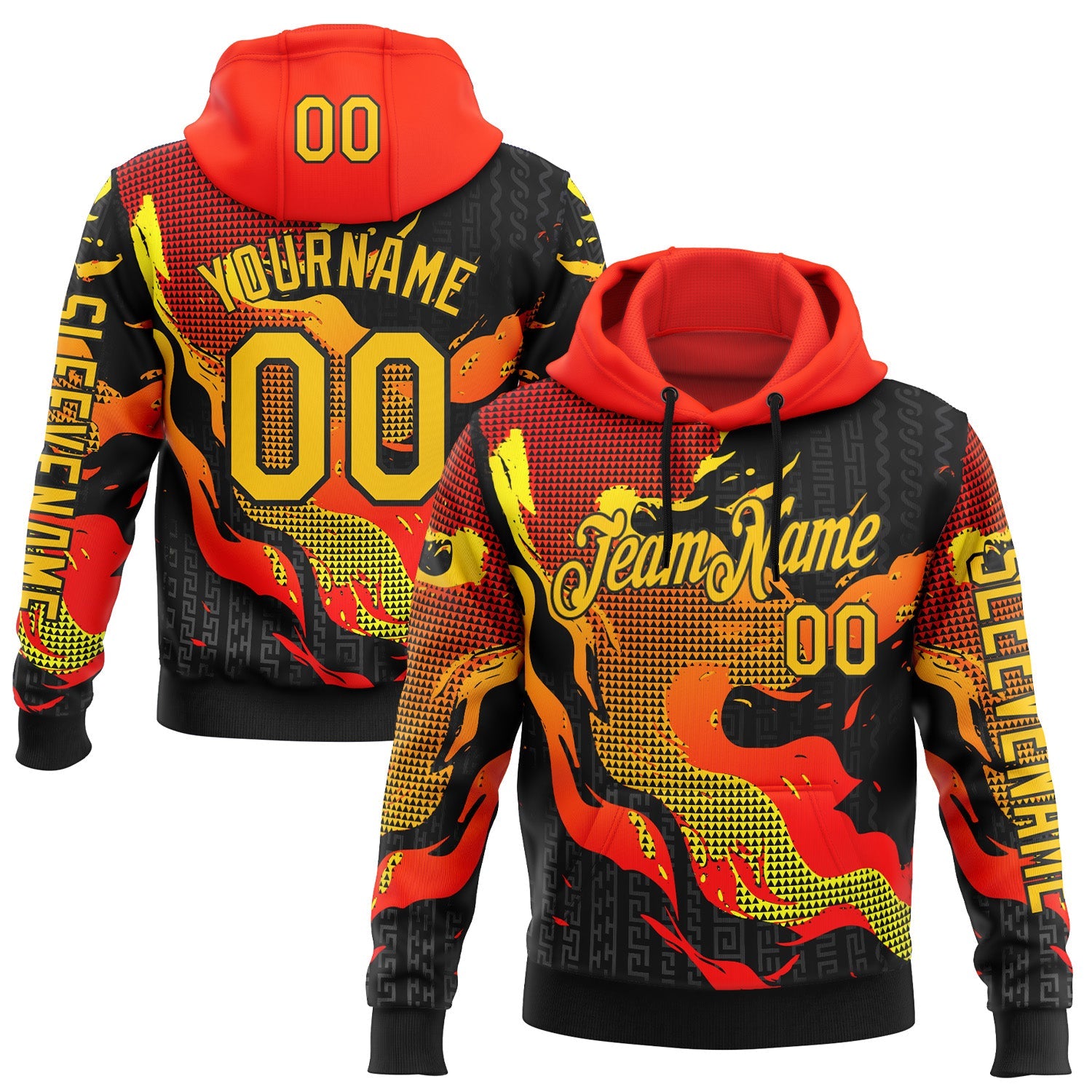 Custom Red Yellow-Black 3D Abstract Flame Sports Pullover Sweatshirt Hoodie