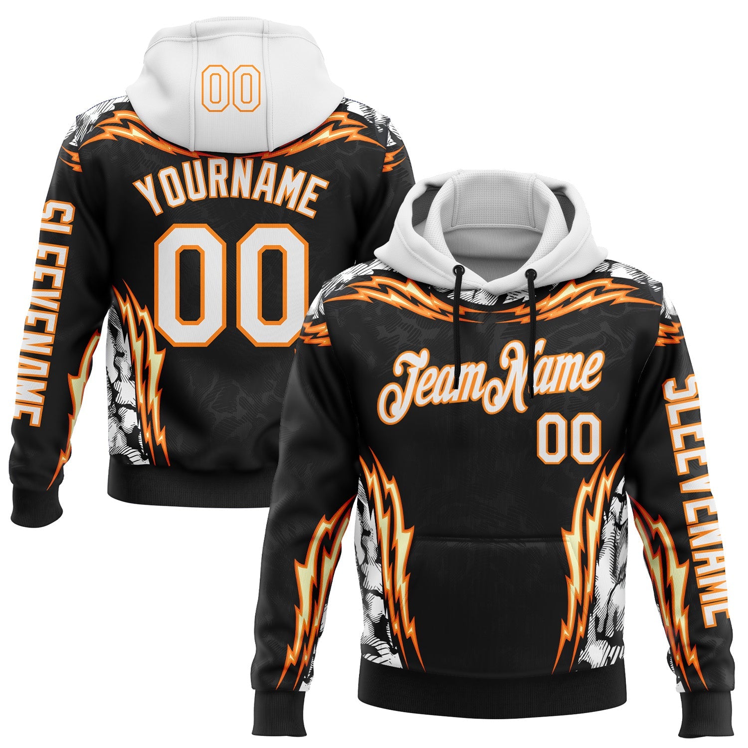Custom Black White-Bay Orange 3D Abstract Flame Sports Pullover Sweatshirt Hoodie