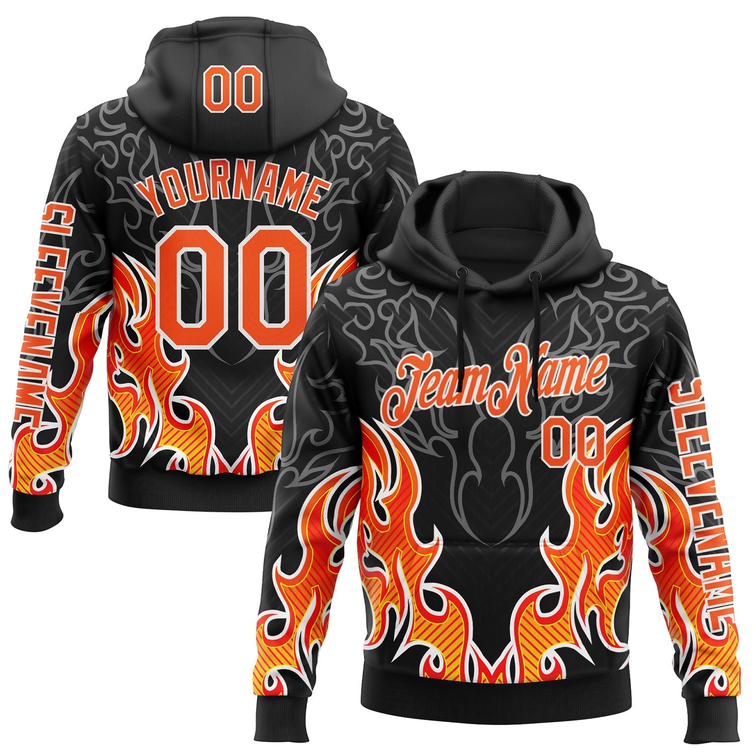Custom Black Orange-White 3D Abstract Flame Sports Pullover Sweatshirt Hoodie