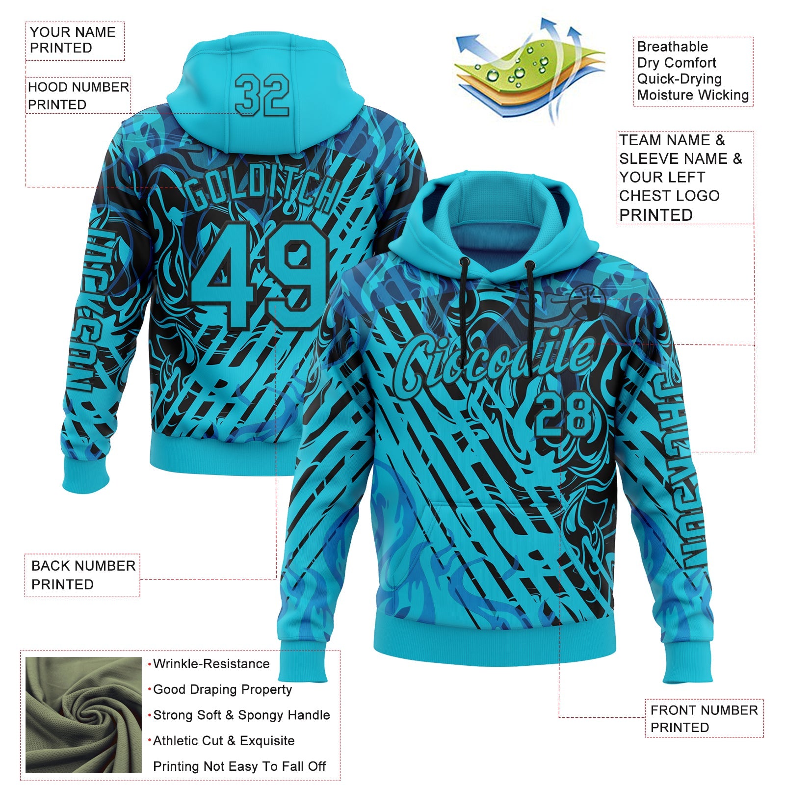 Custom Lakes Blue Black 3D Abstract Flame Sports Pullover Sweatshirt Hoodie