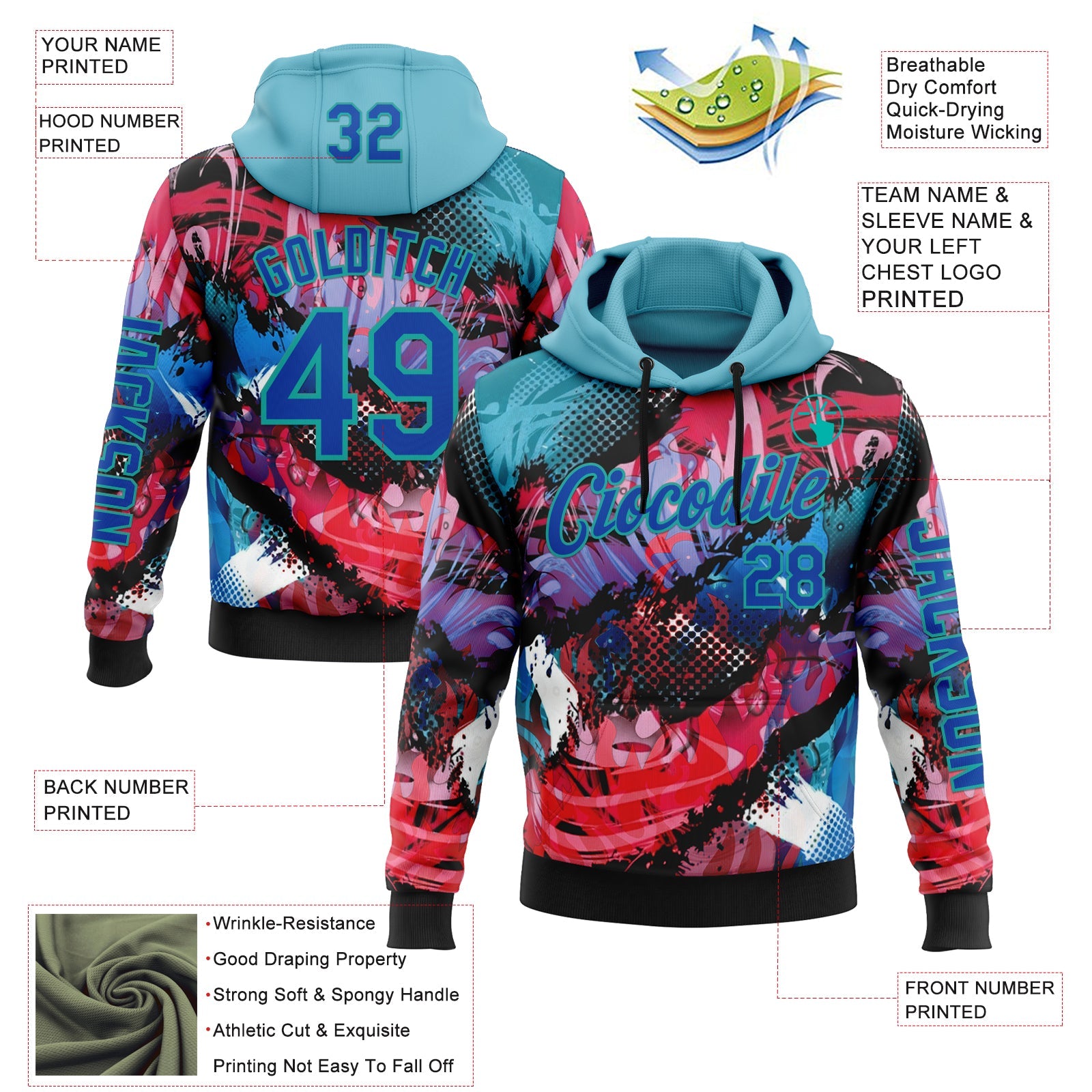 Custom Black Thunder Blue Red-Aqua 3D Abstract Flame Sports Pullover Sweatshirt Hoodie