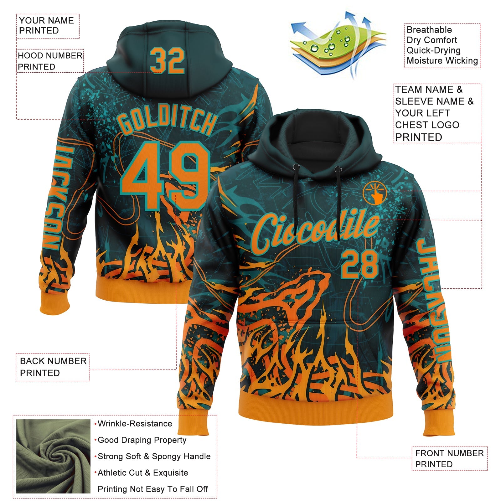 Custom Green Bay Orange-Aqua 3D Abstract Flame Sports Pullover Sweatshirt Hoodie