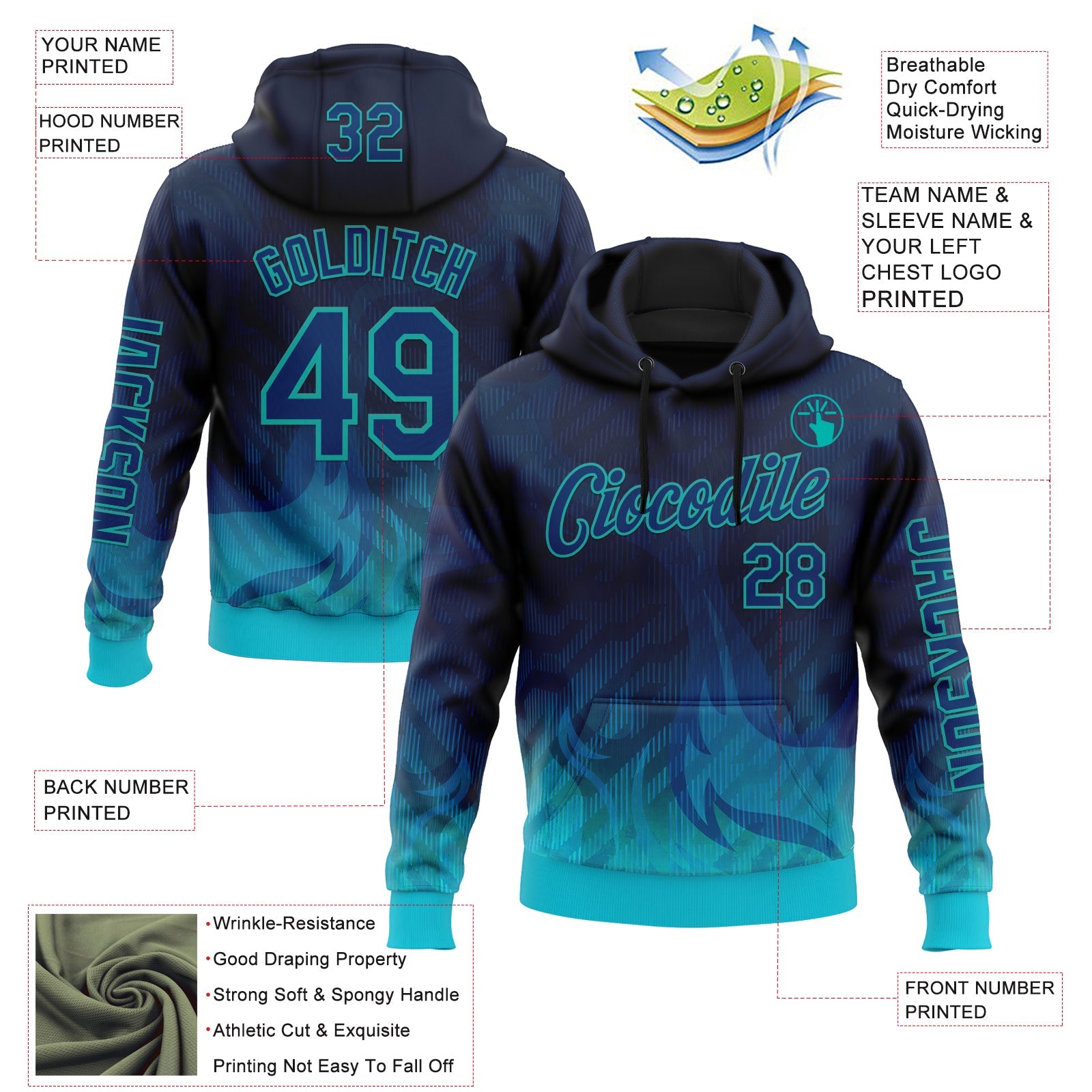 Custom Blue US Navy Blue-Aqua 3D Abstract Flame Sports Pullover Sweatshirt Hoodie