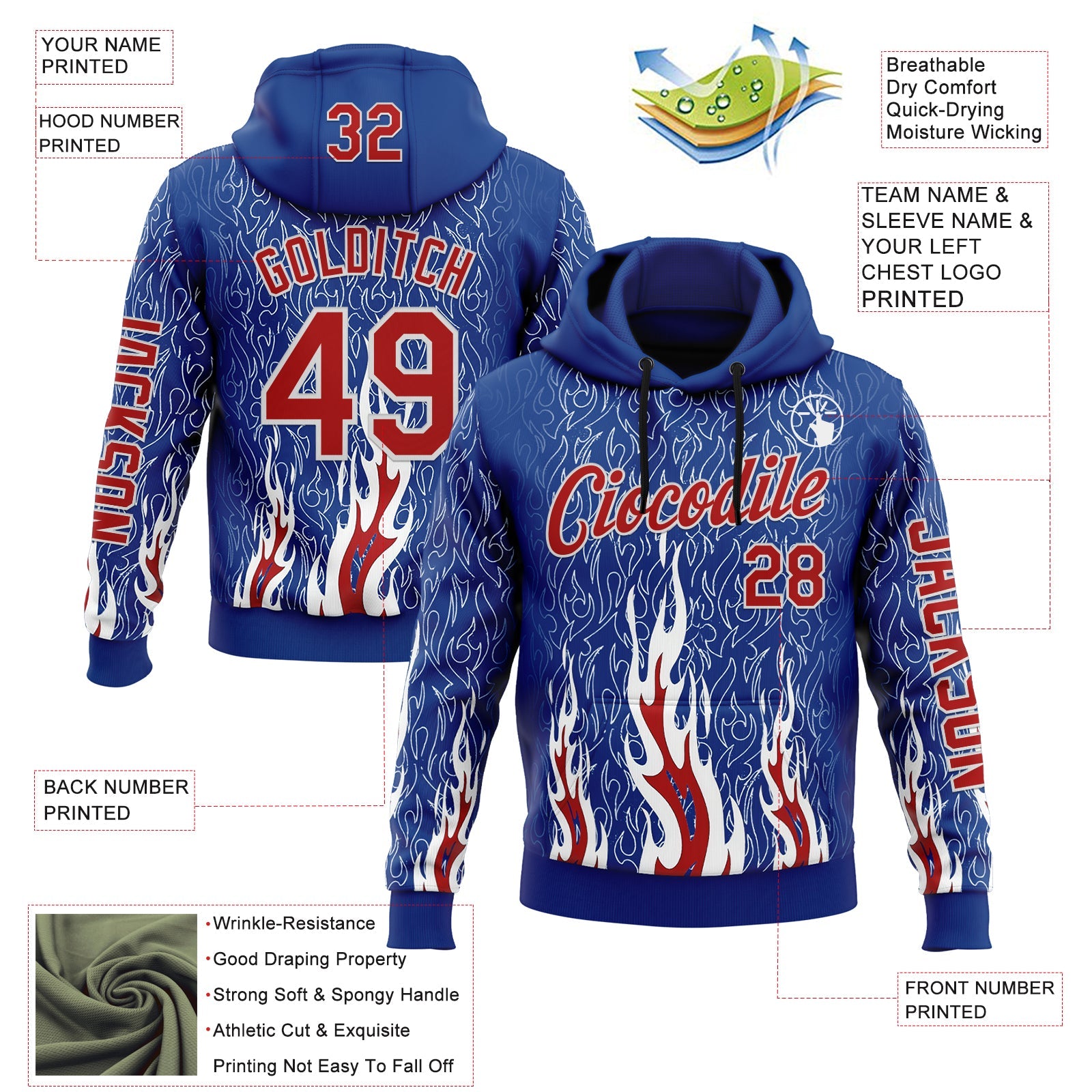Custom Royal Red-White 3D Abstract Flame Sports Pullover Sweatshirt Hoodie