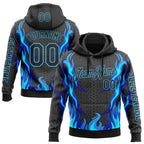 Custom Black Sky Blue 3D Abstract Flame Sports Pullover Sweatshirt Hoodie