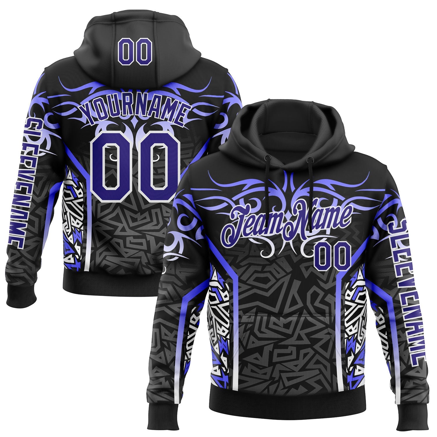 Custom Black Dark Purple Gray-White 3D Abstract Flame Sports Pullover Sweatshirt Hoodie