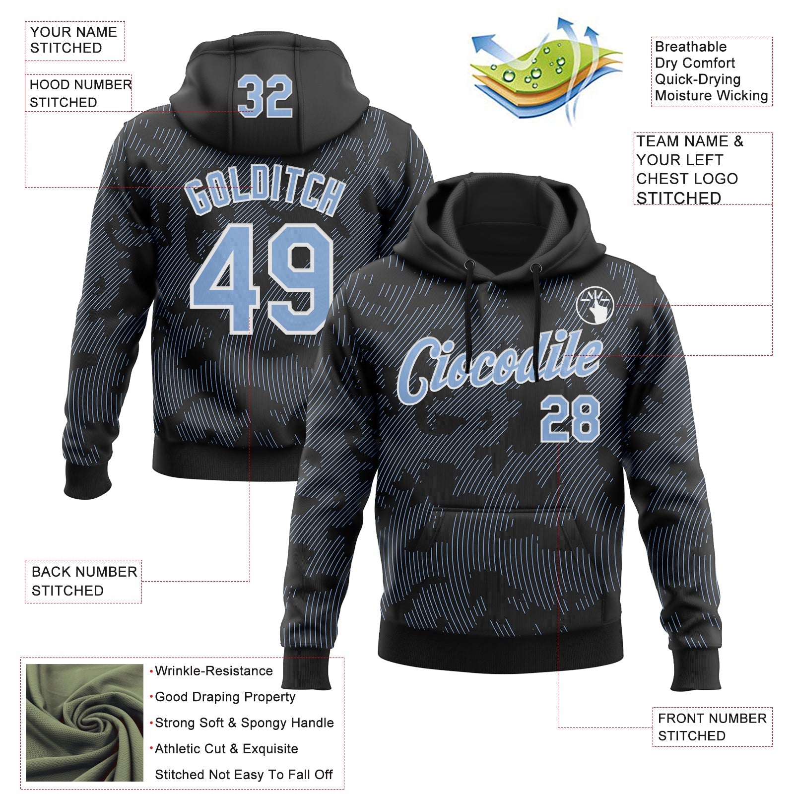 Custom Stitched Black Light Blue-White 3D Pattern Design Curve Lines Sports Pullover Sweatshirt Hoodie