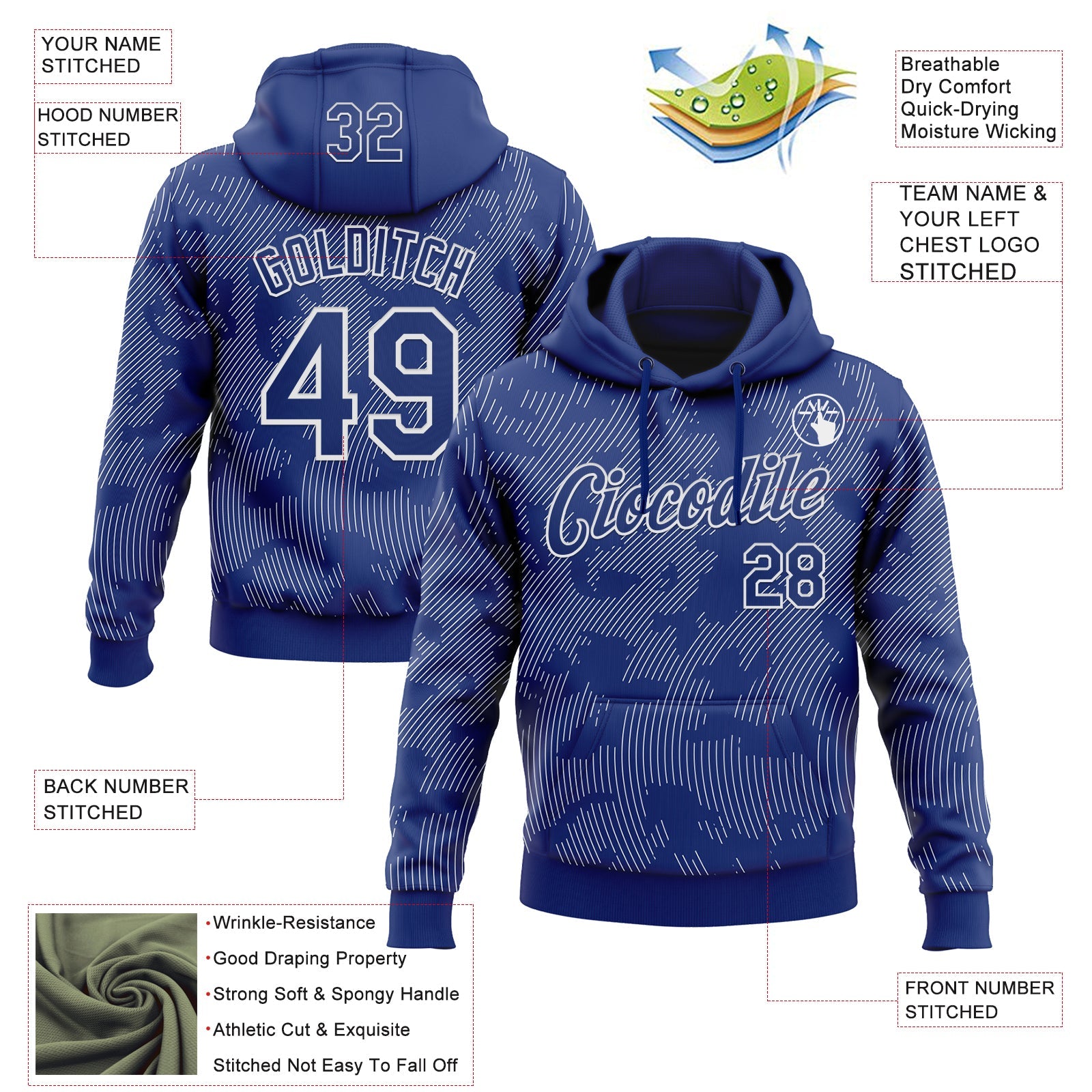 Custom Stitched Royal White 3D Pattern Design Curve Lines Sports Pullover Sweatshirt Hoodie