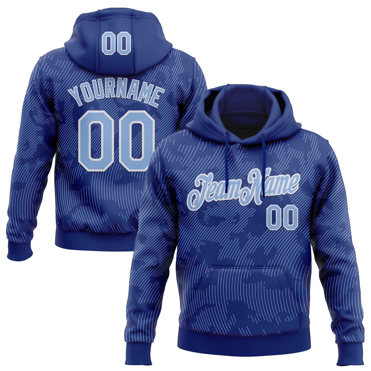 Custom Stitched Royal Light Blue-White 3D Pattern Design Curve Lines Sports Pullover Sweatshirt Hoodie