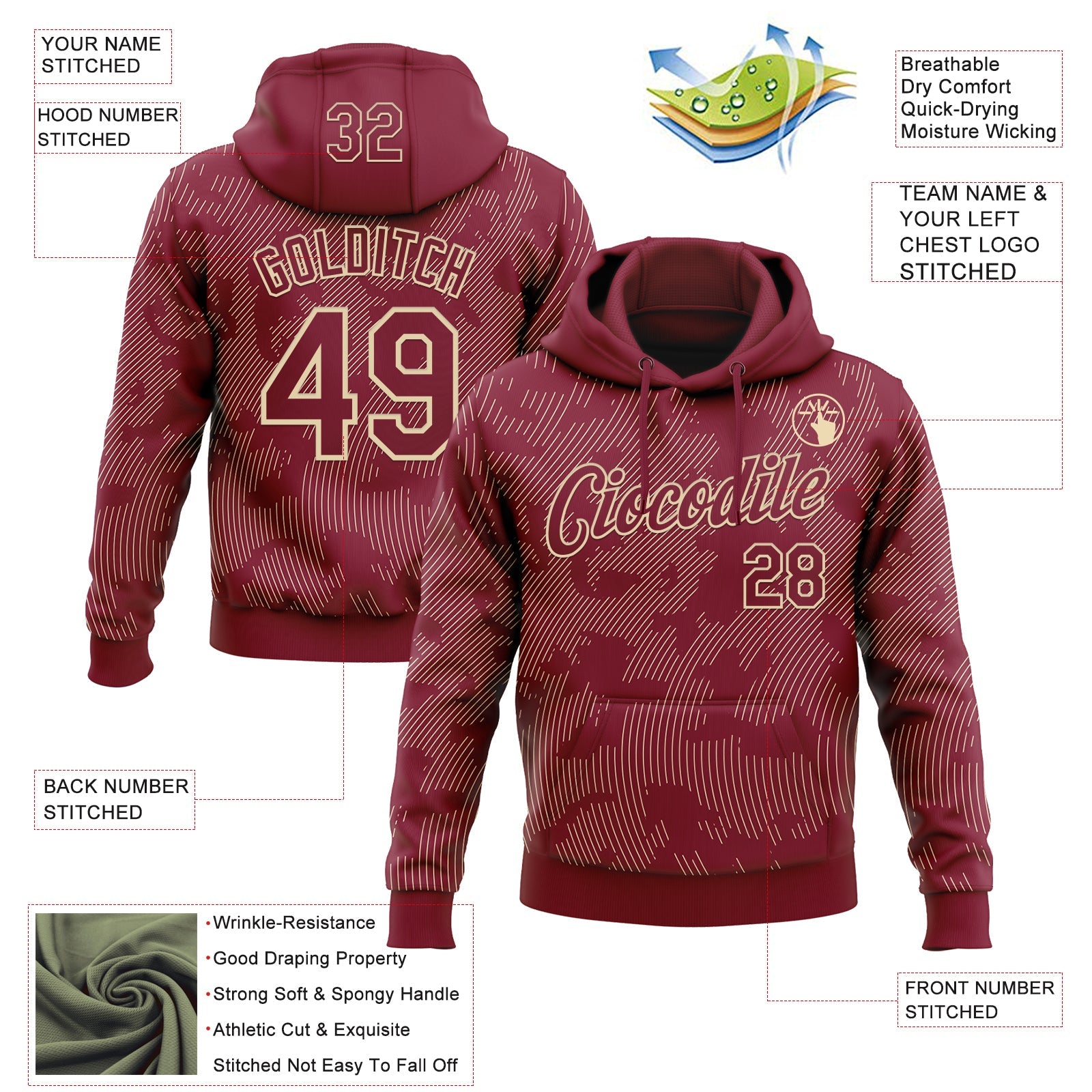 Custom Stitched Crimson Cream 3D Pattern Design Curve Lines Sports Pullover Sweatshirt Hoodie
