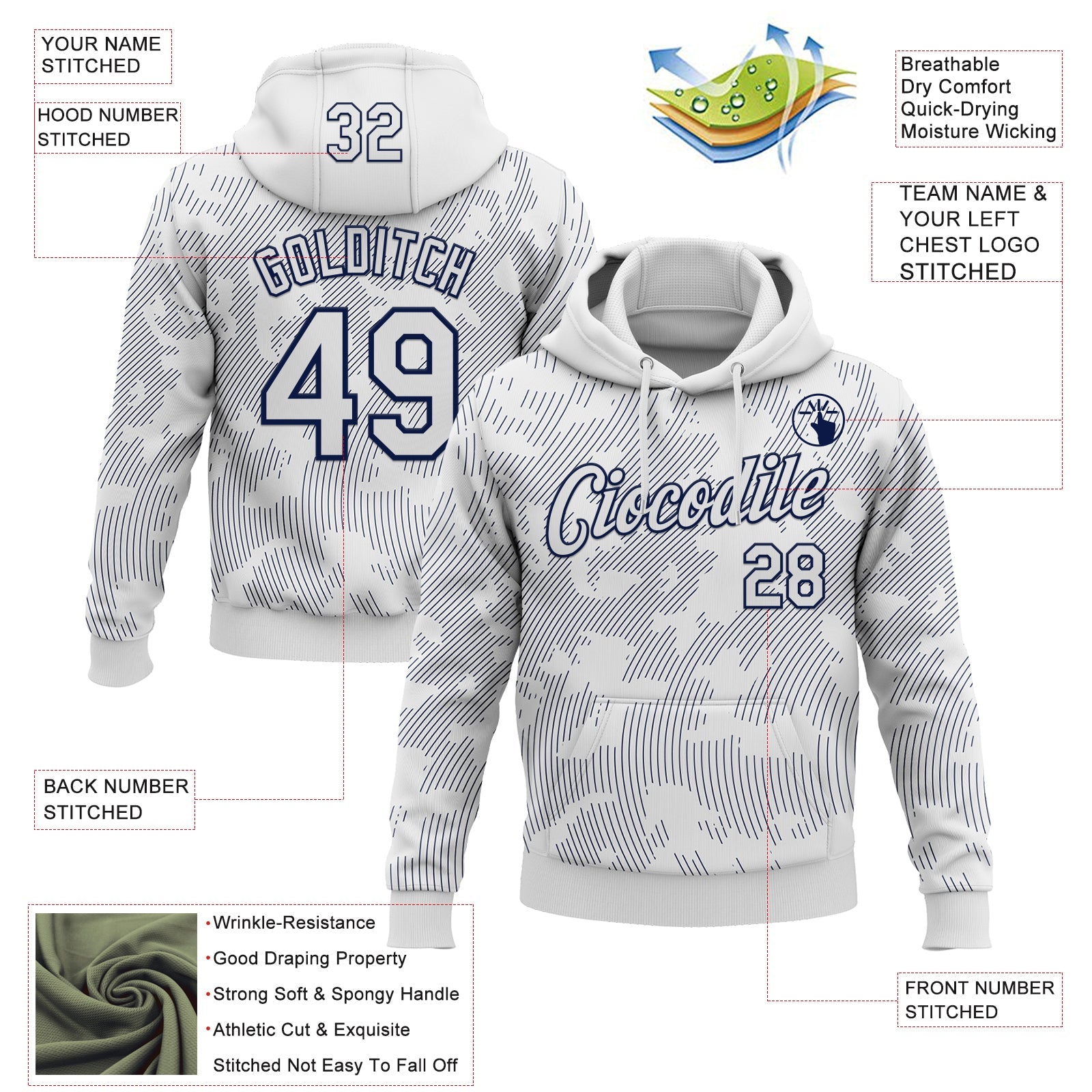 Custom Stitched White Navy 3D Pattern Design Curve Lines Sports Pullover Sweatshirt Hoodie