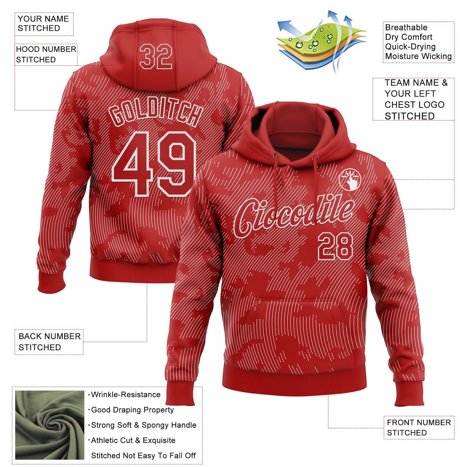 Custom Stitched Red White 3D Pattern Design Curve Lines Sports Pullover Sweatshirt Hoodie