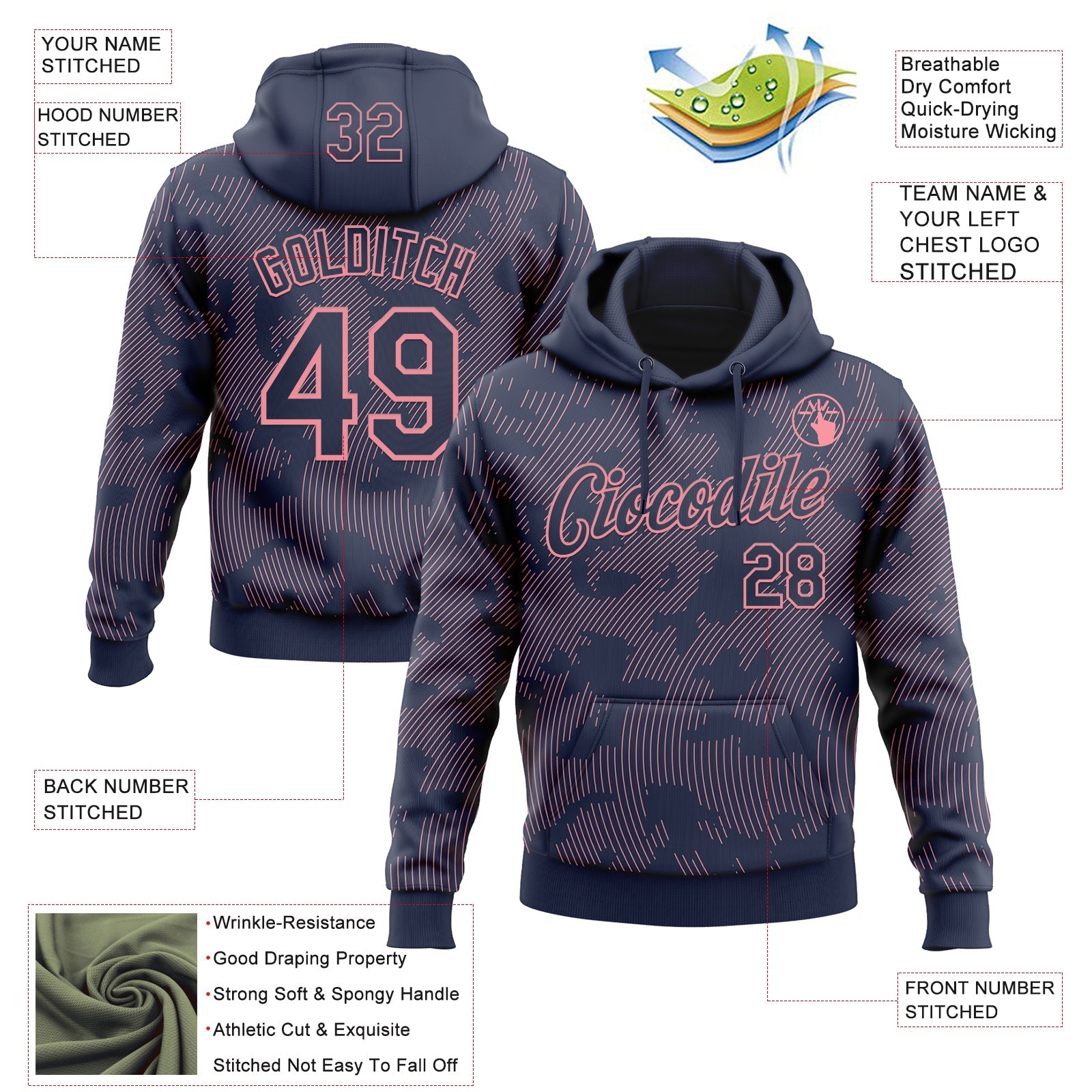 Custom Stitched Navy Medium Pink 3D Pattern Design Curve Lines Sports Pullover Sweatshirt Hoodie